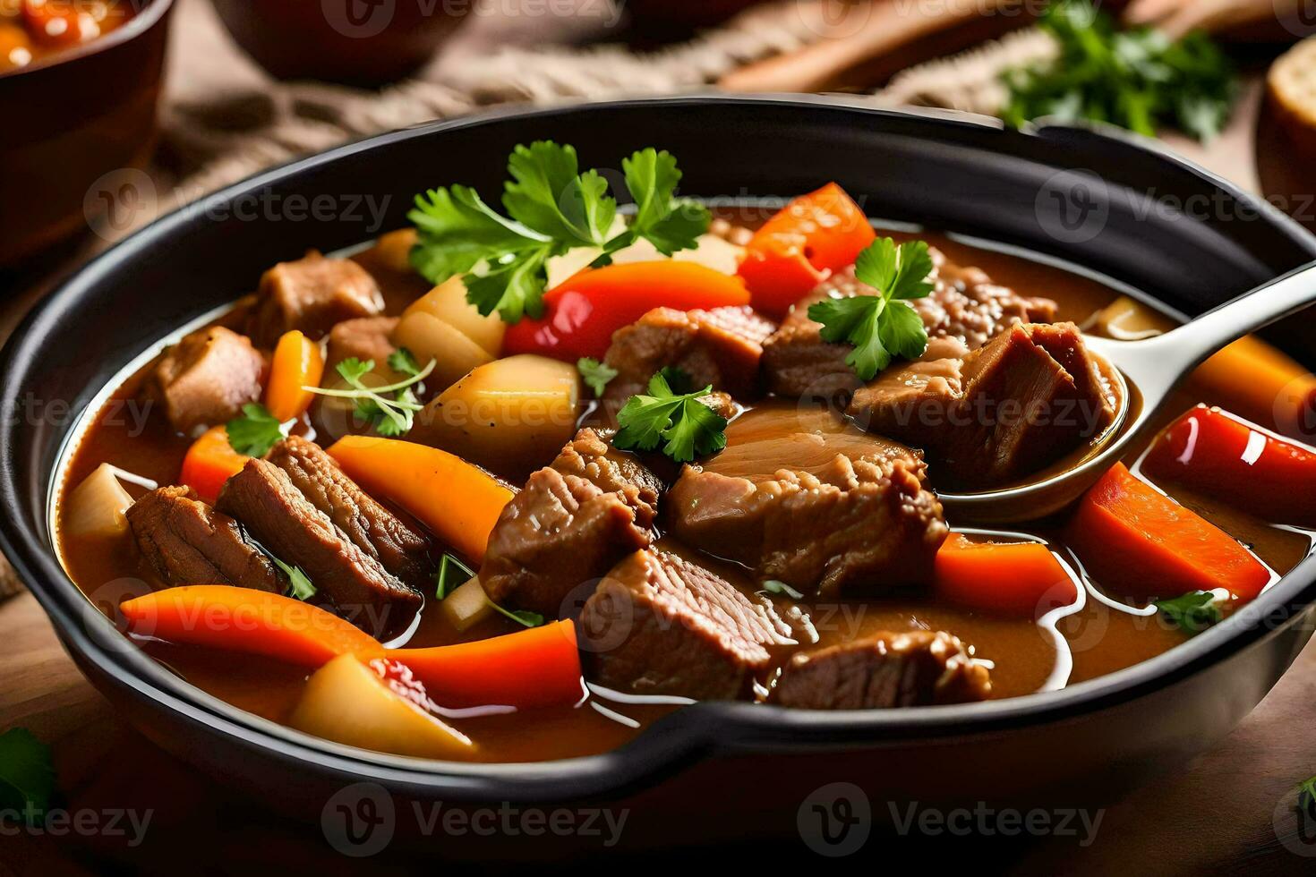 en skål av nötkött gryta med grönsaker och en sked. ai-genererad foto