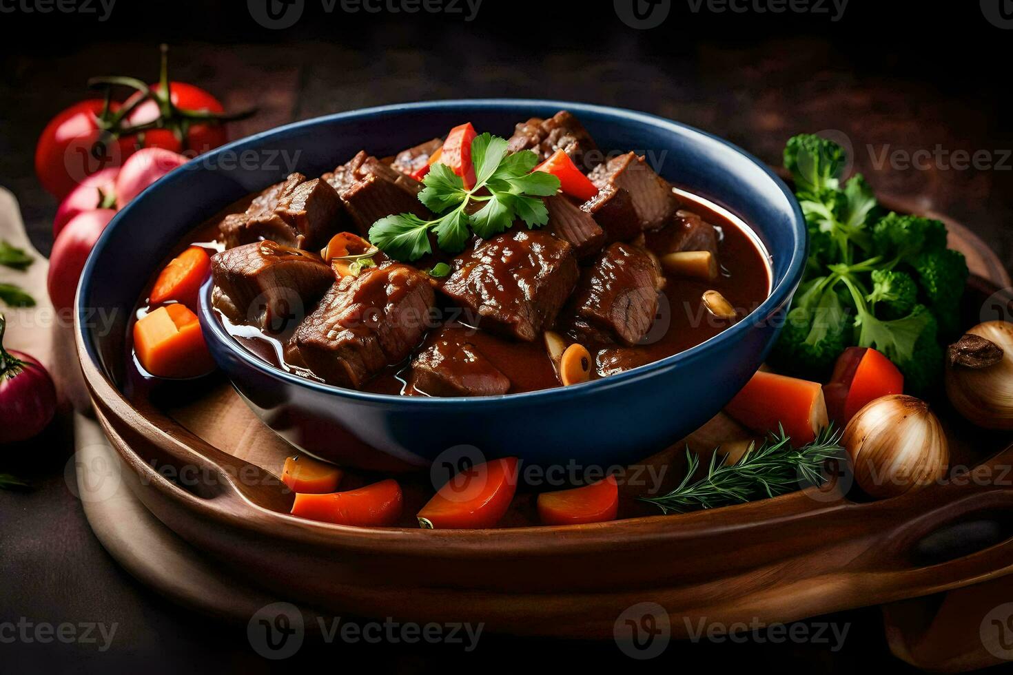 nötkött gryta i en skål med grönsaker och örter. ai-genererad foto