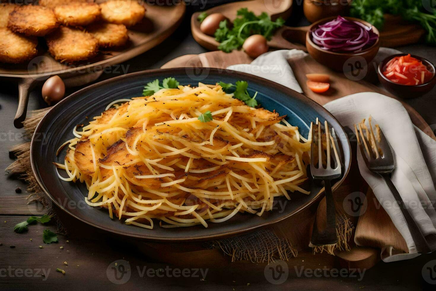 friterad spaghetti med tomat sås och grönsaker på en tallrik. ai-genererad foto