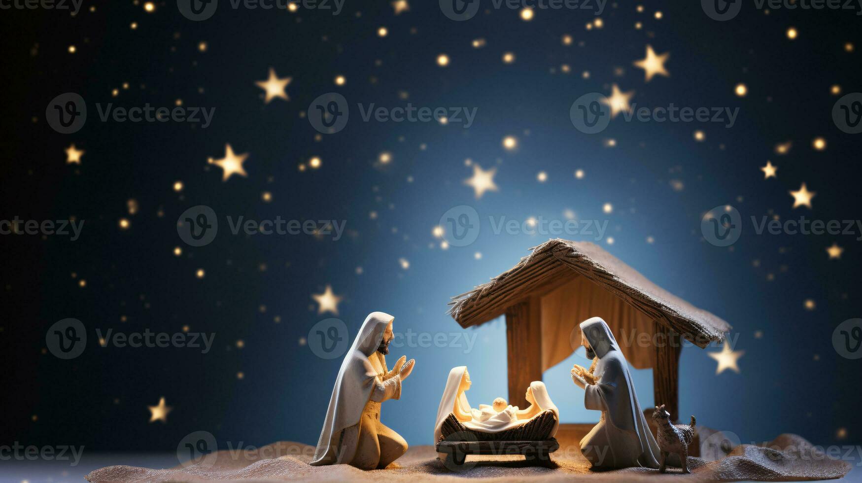 ai generativ jul stjärnbelyst nativity scen diorama porträtterar de berättelse av jesus' födelse foto