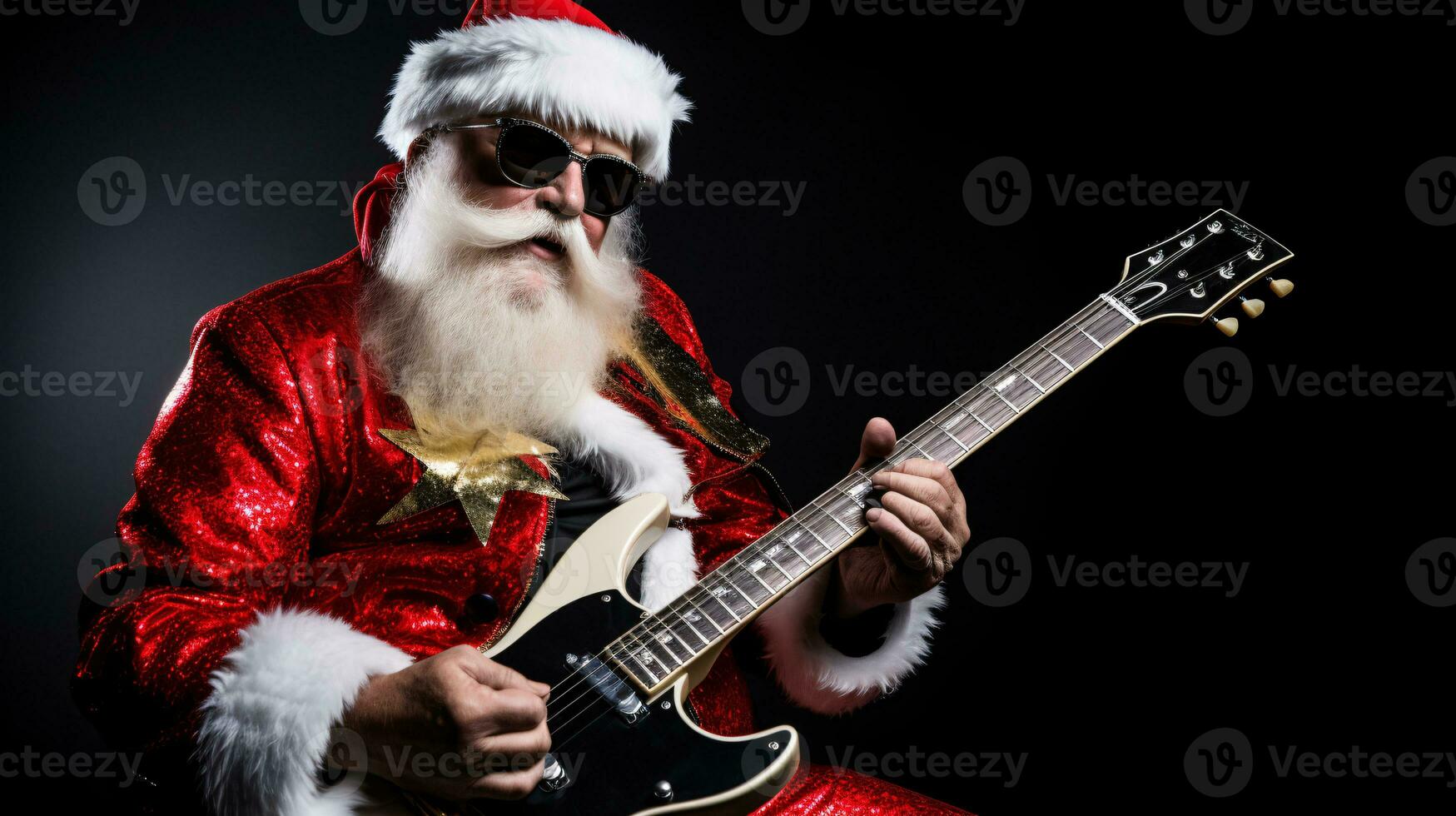 ai generativ Häftigt hipster santa på bas gitarr på fest med solglasögon foto