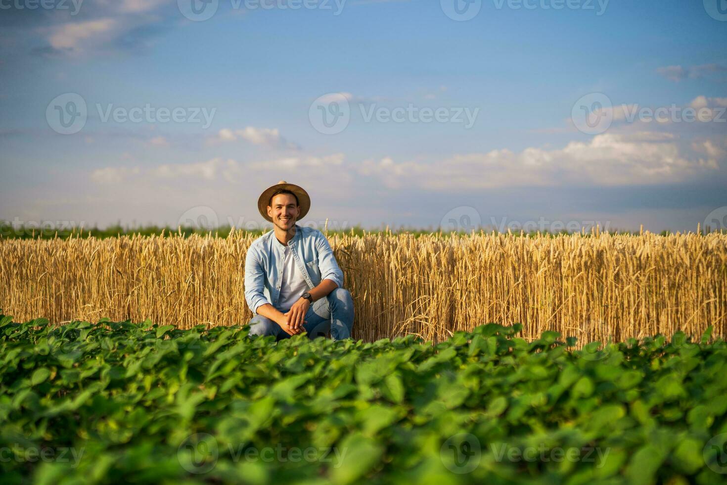 Lycklig jordbrukare åtnjuter i hans växande vete och sojaböna fält foto