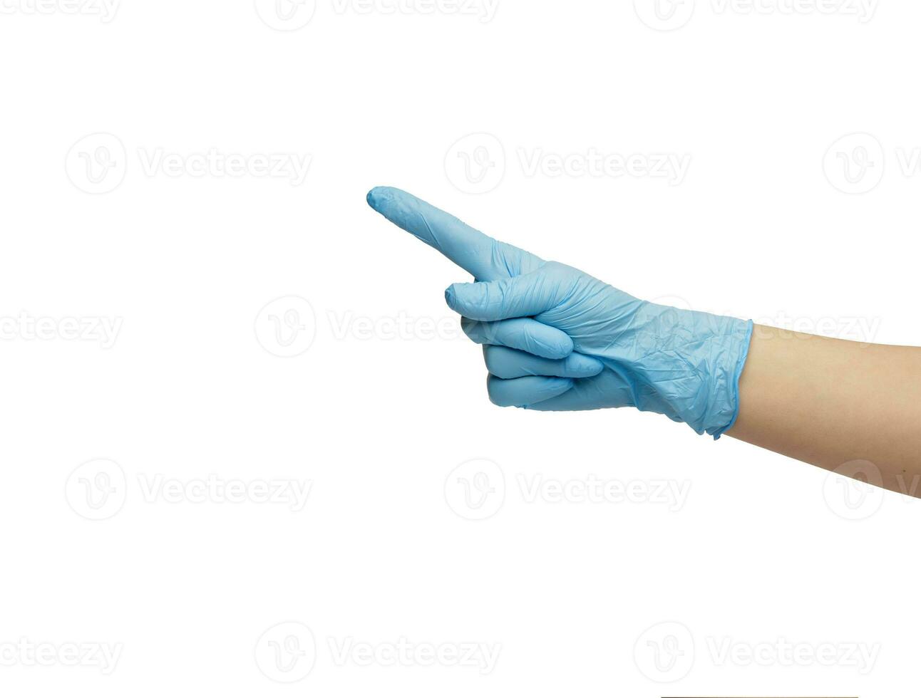 hand ett osynlig man i en blå handske tillverkad av nitril visar en gest av de handflatan. isolerat på en vit bakgrund. foto