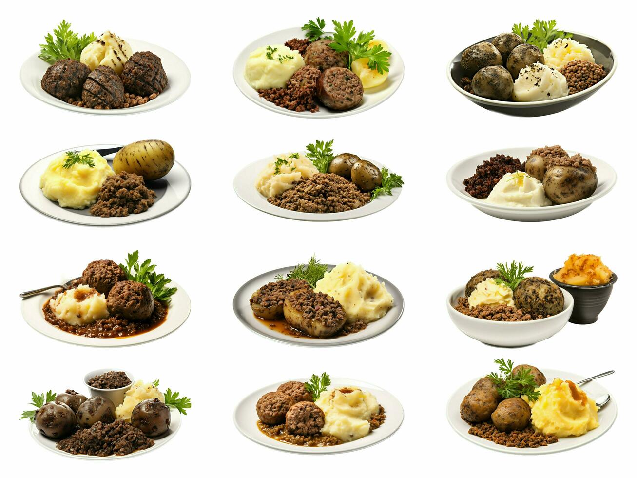 haggis neeps och tatties samling isolerat på vit bakgrund med ai genererad. foto