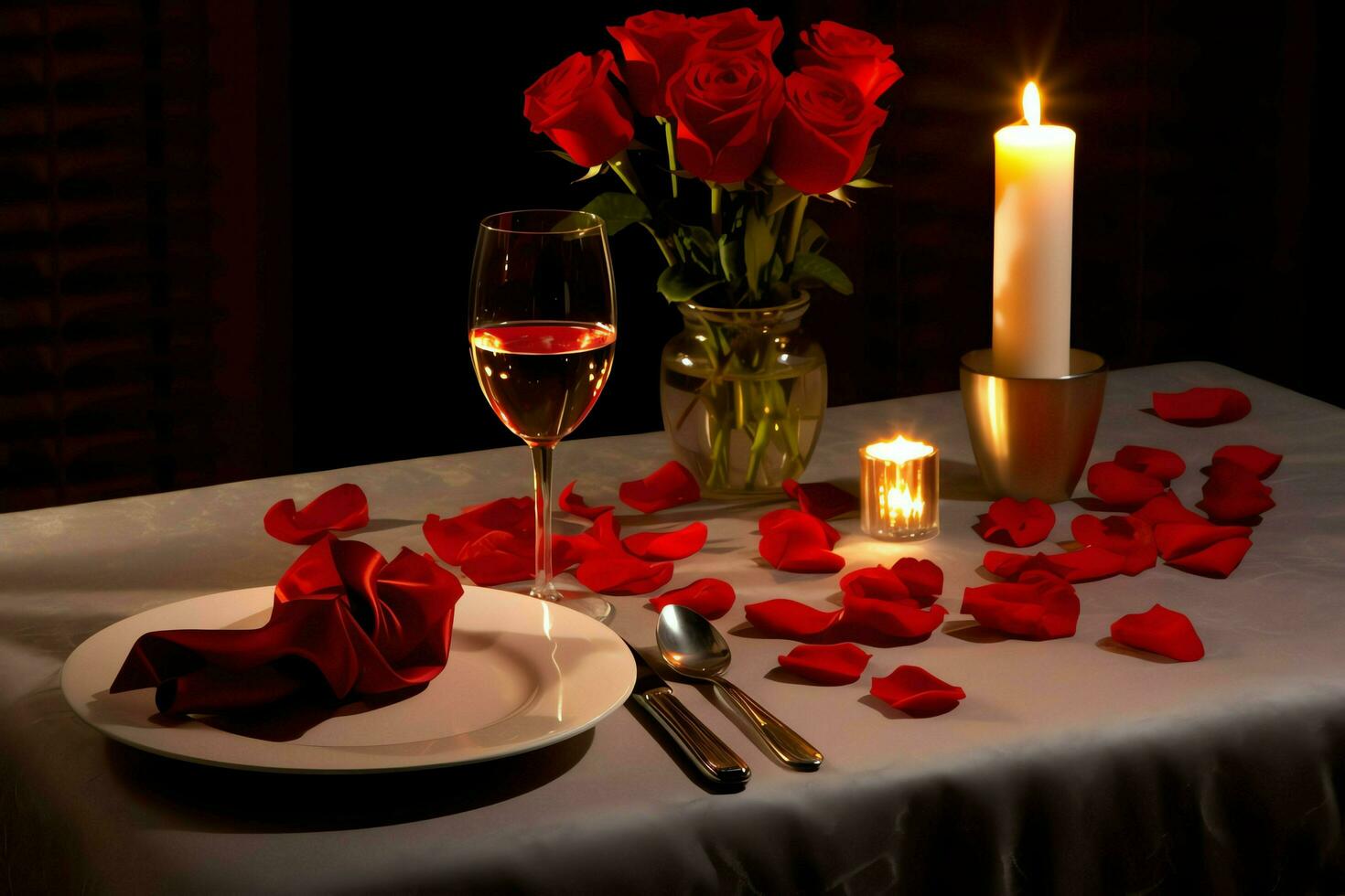 ai genererad tabell dekorerad för en romantisk middag med två champagne glasögon, bukett av röd ro eller ljus begrepp förbi ai genererad foto