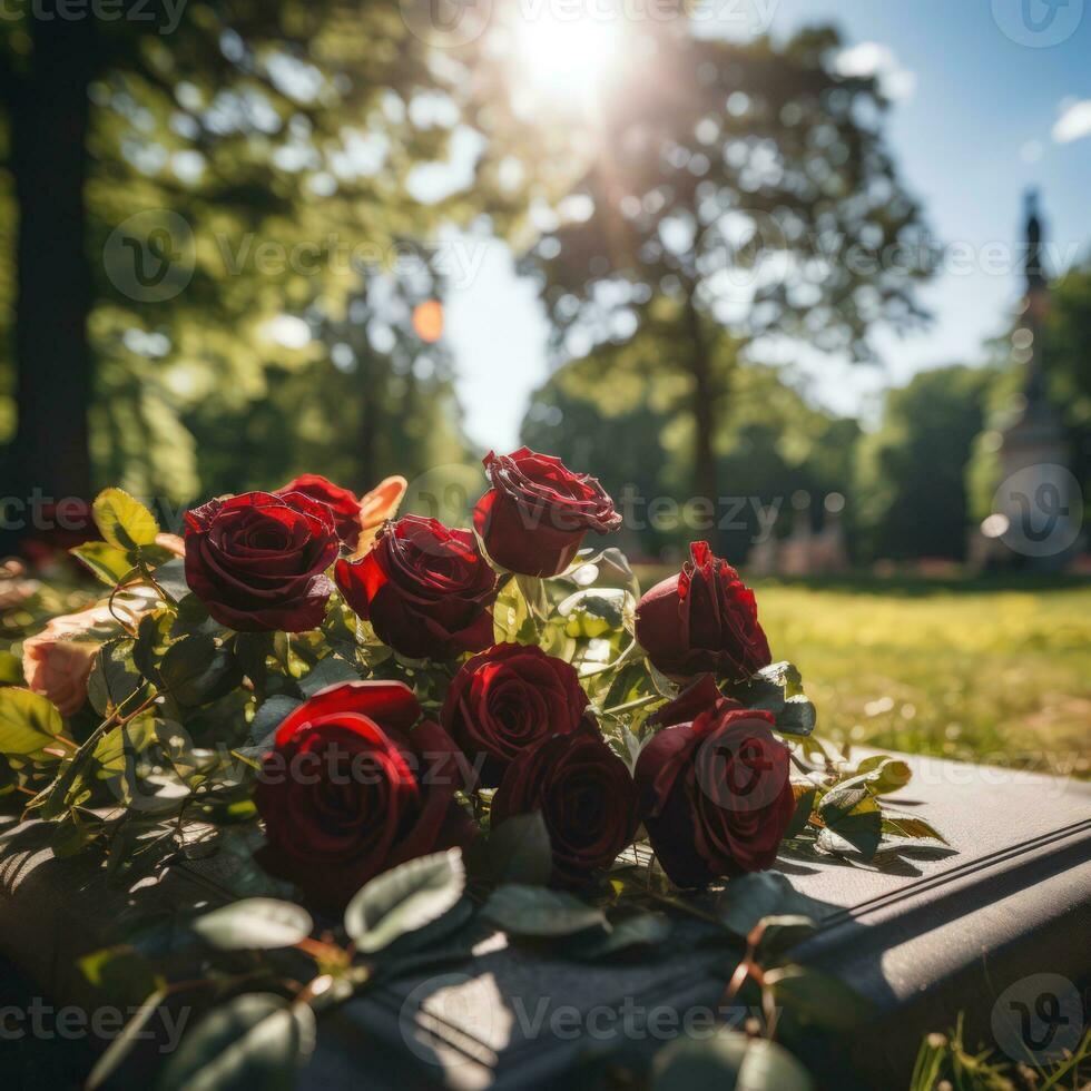 röd ro på svart granit gravsten utomhus, Plats för text. begravning ceremoni. generativ ai foto