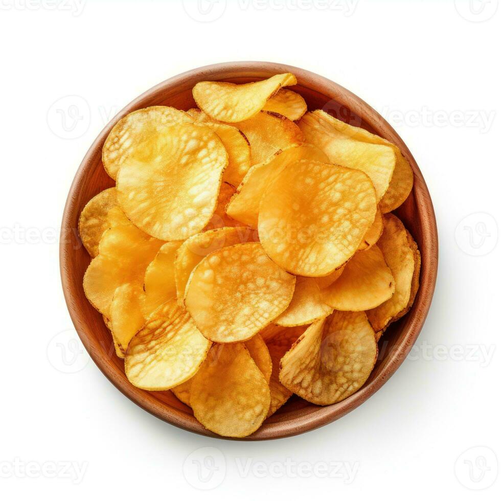 skål av Krispig vågig potatis pommes frites eller chips isolerat på en vit bakgrund, topp se. generativ ai. foto