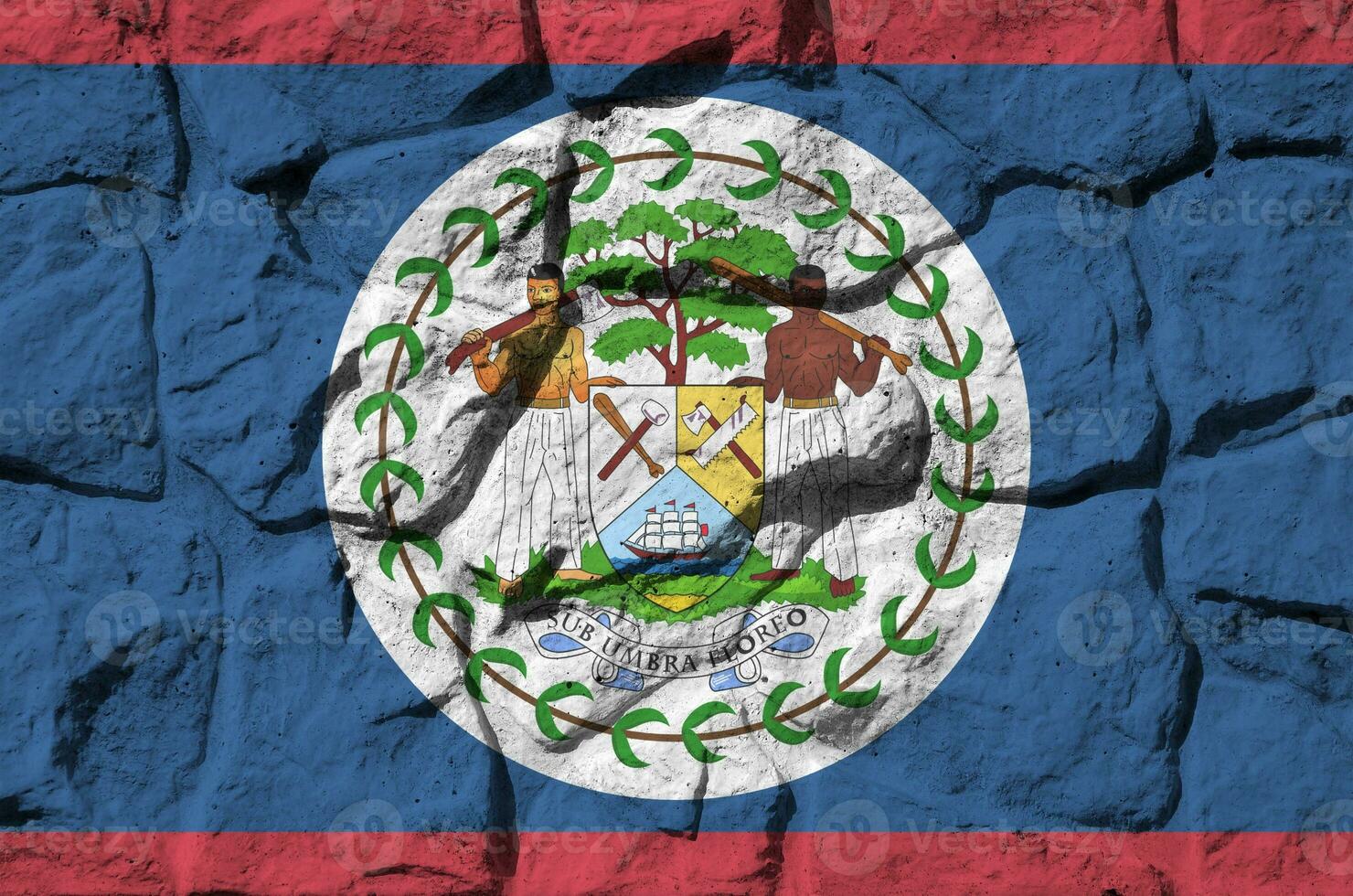 belize flagga avbildad i måla färger på gammal sten vägg närbild. texturerad baner på sten vägg bakgrund foto