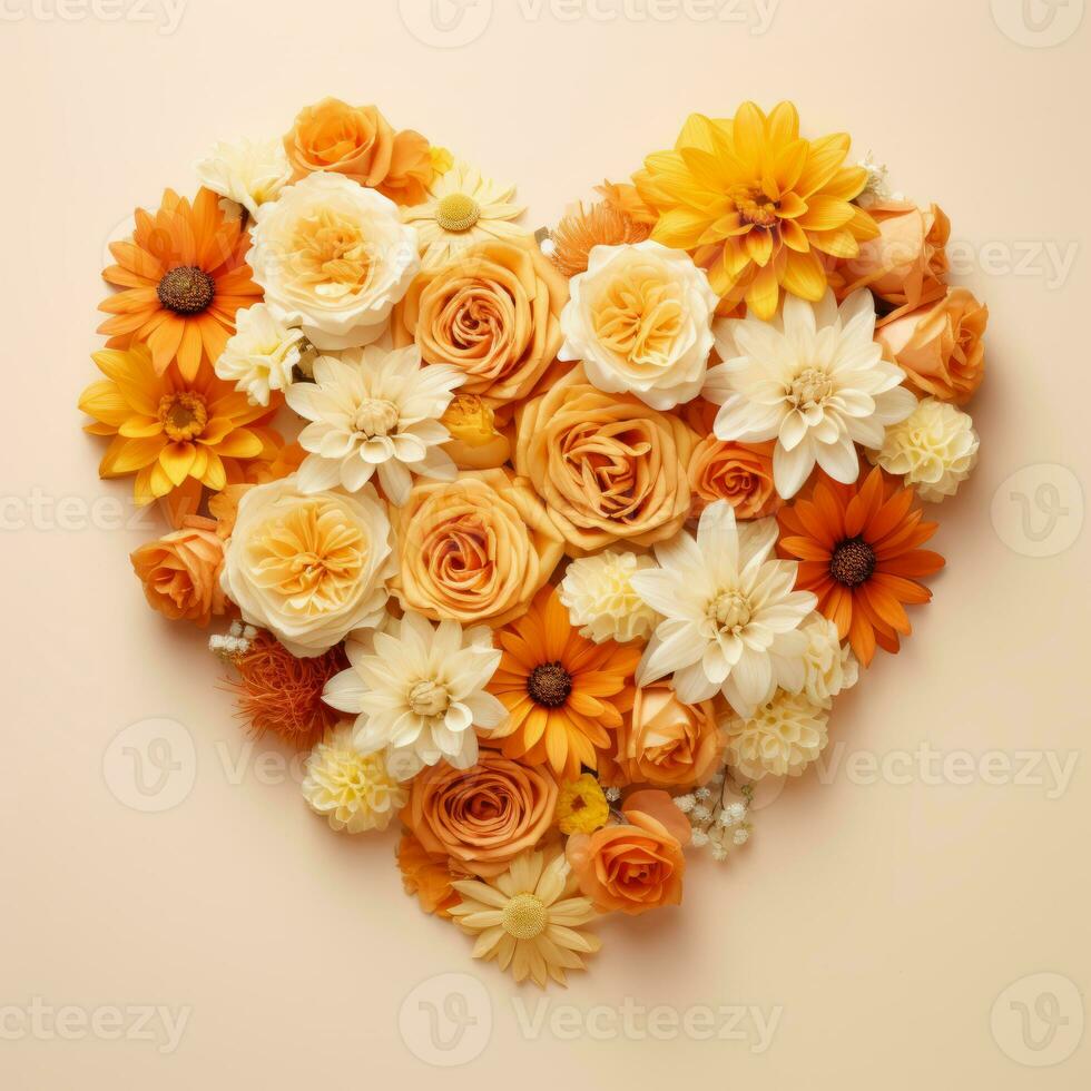 ai genererad de hjärta är fodrad med skön flerfärgad blommor i en gulorange skala foto