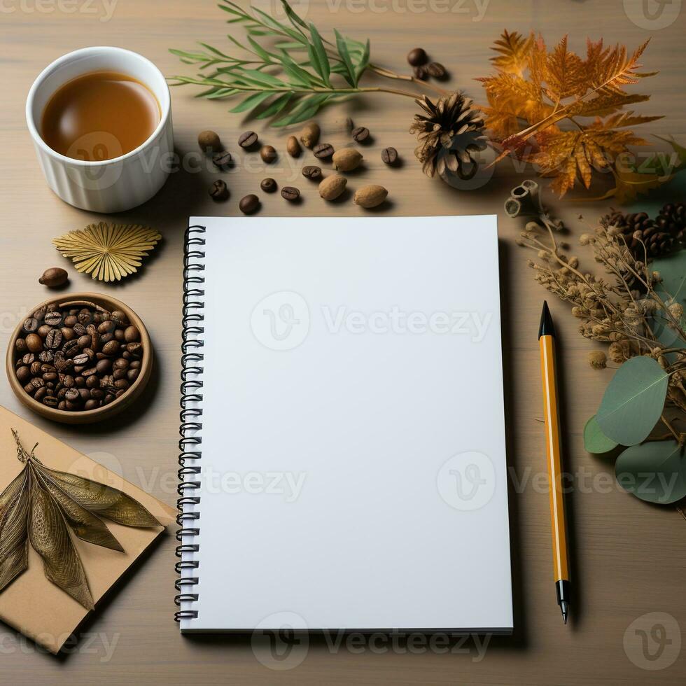 ai genererad topp se av tom anteckningsbok, penna, kaffe kopp ljus bakgrund. kreativ arbetsyta kontor. företag begrepp. skapas med generativ ai foto