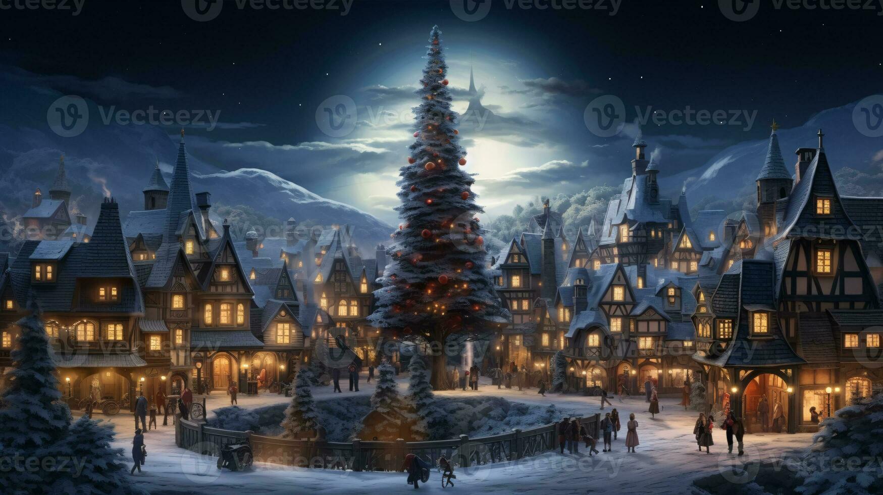 jul by med jul träd. vinter- snöig små mysigt gata med lampor i hus. vinter- högtider natt tid bakgrund. glad jul årgång retro illustration bakgrund. foto