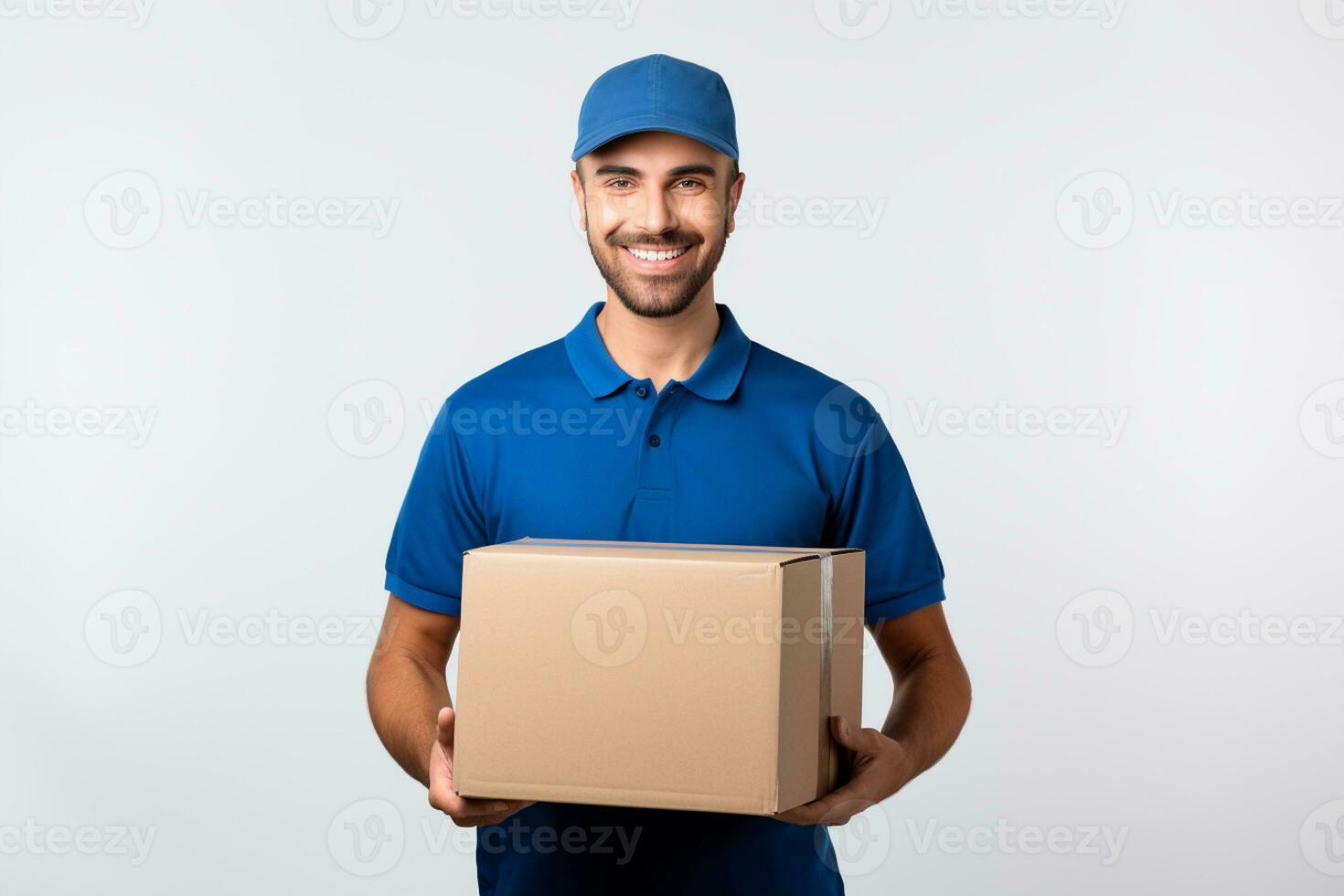ai genererad leverans man bär blå skjorta och keps innehav kartong låda på en vit bakgrund foto