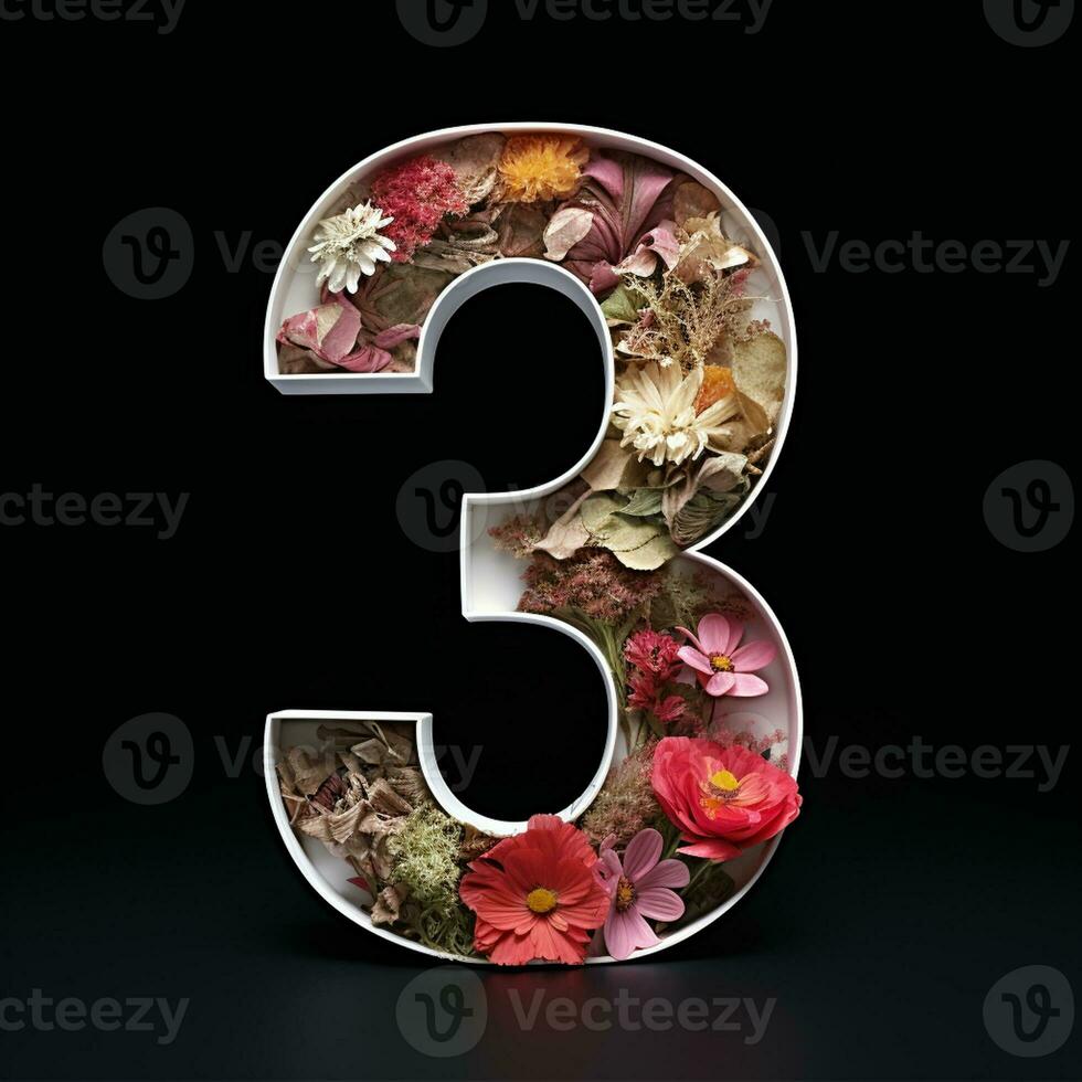 ai genererad de siffra tre är tillverkad av blommor och löv på en svart bakgrund foto
