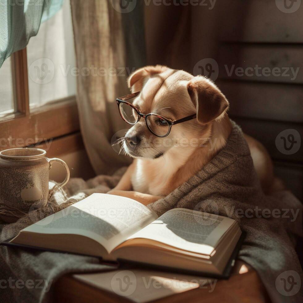 Foto av en söt hund med glasögon läsning en bok ai generativ