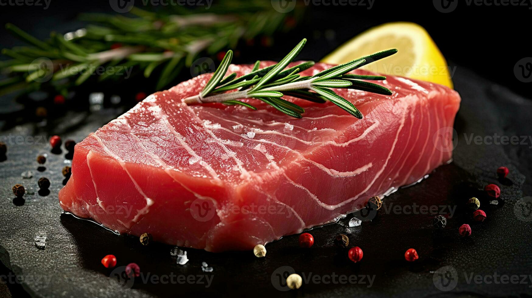 färsk rå tonfisk biff med rosmarin. generativ ai foto