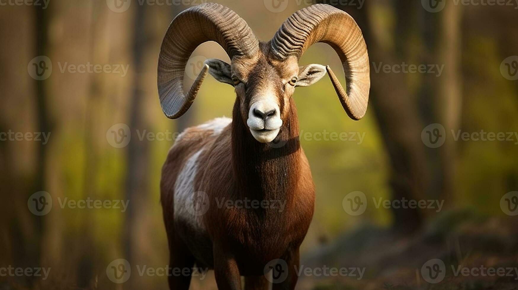 porträtt av en mufflon, ovis orientalis, i dess naturlig skog livsmiljö, visa upp imponerande horn, generativ ai foto