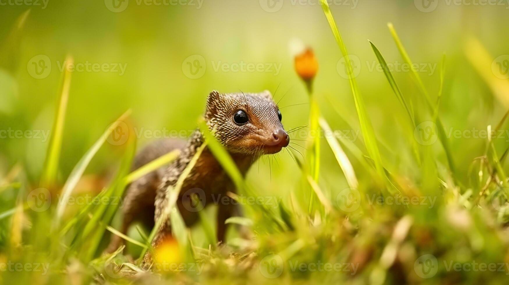 mjuk focust av uppmärksam herpest ichneumon djur kikar från grön gräs och ser bort i prärie. generativ ai foto