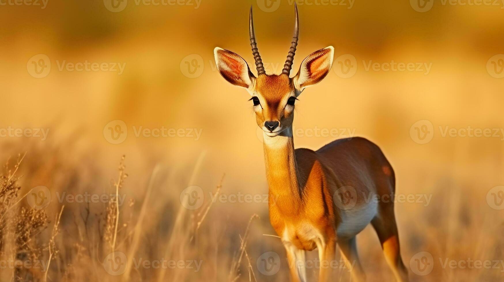 steenbok, raphicerus campestris, djur- på de äng. rådjur i de vild afrika. solnedgång kväll ljus, vilda djur och växter scen från natur. generativ ai foto