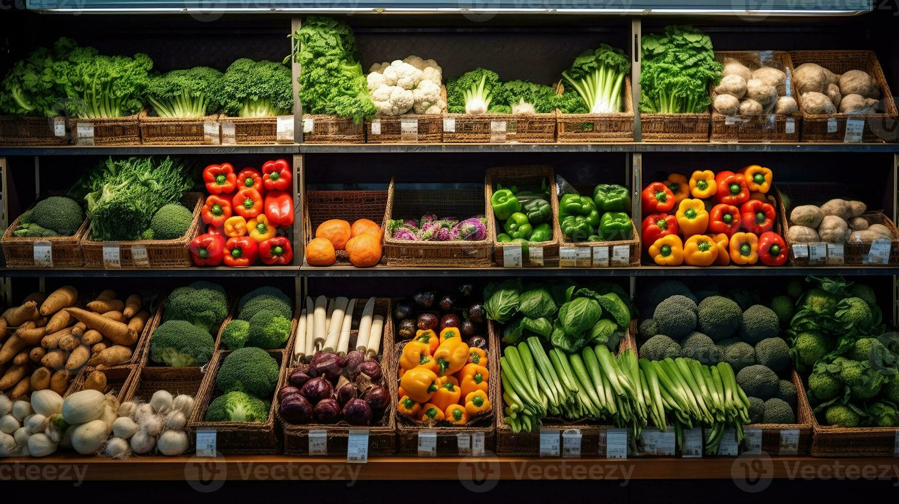 mataffär monter med trä- lådor av grönsaker. organisk färsk broccoli, paprika, sallad, lök. generativ ai foto