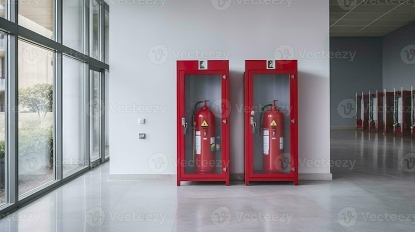 brand eldsläckare skåp i de hall av kontor byggnad för framställning till förhindra brand, brand eldsläckare Utrustning för skydd. generativ ai foto