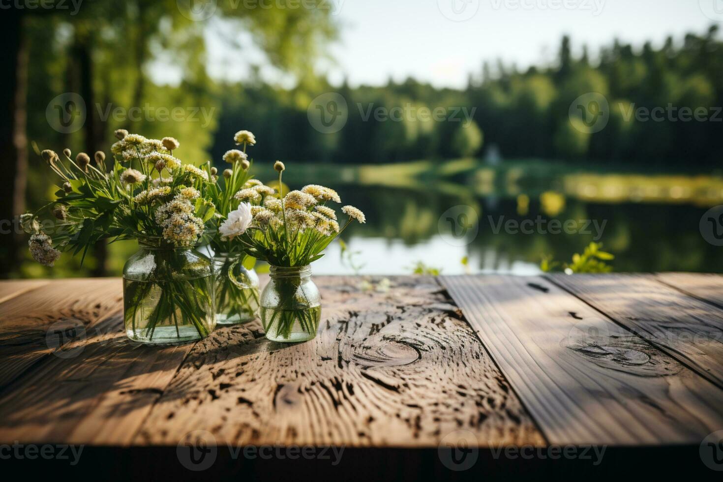 trä- plattform eller podium med sjö och natur bakgrund, produkt placering ai genererad foto