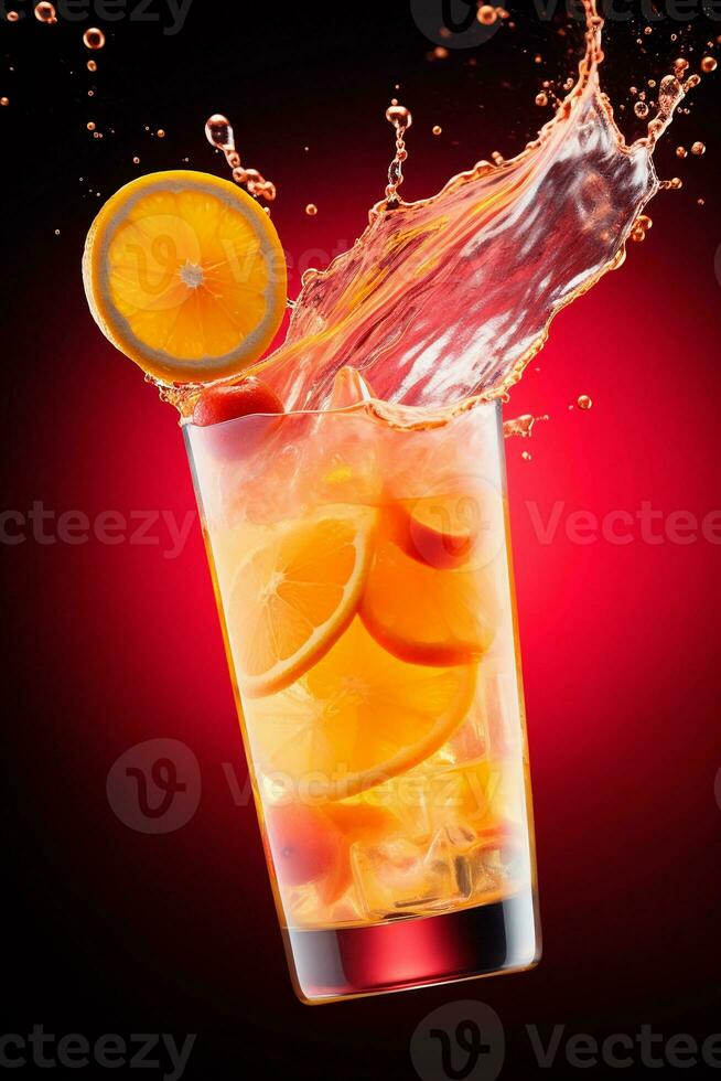 ai genererad tequila soluppgång cocktail med flytande stänk och orange skiva flygande i de luft på svart bakgrund. ai genererad. foto