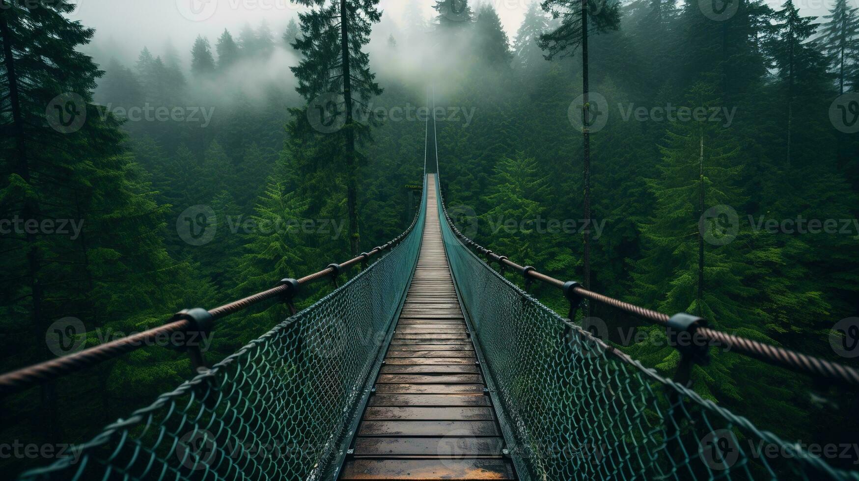 ai genererad generativ ai, trädtopp ombordstigning bro på dimmig gran skog skön landskap i hipster årgång retro stil, dimmig bergen och träd. foto