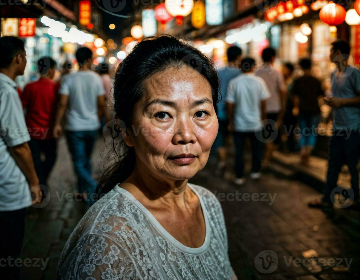 Foto av senior gammal kvinna i Kina lokal- gata marknadsföra på natt, generativ ai