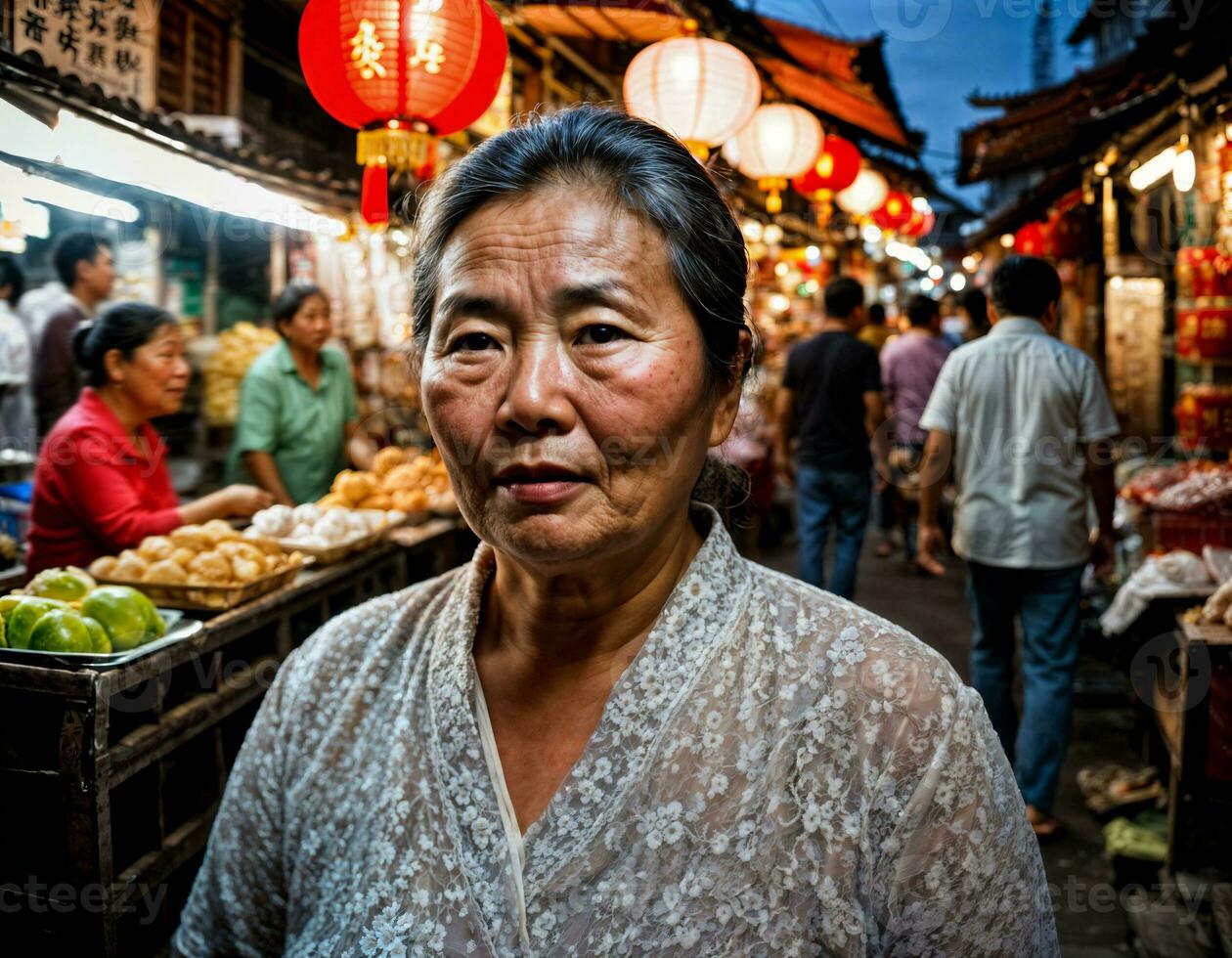 Foto av senior gammal säljare kvinna i Kina lokal- gata marknadsföra på natt, generativ ai