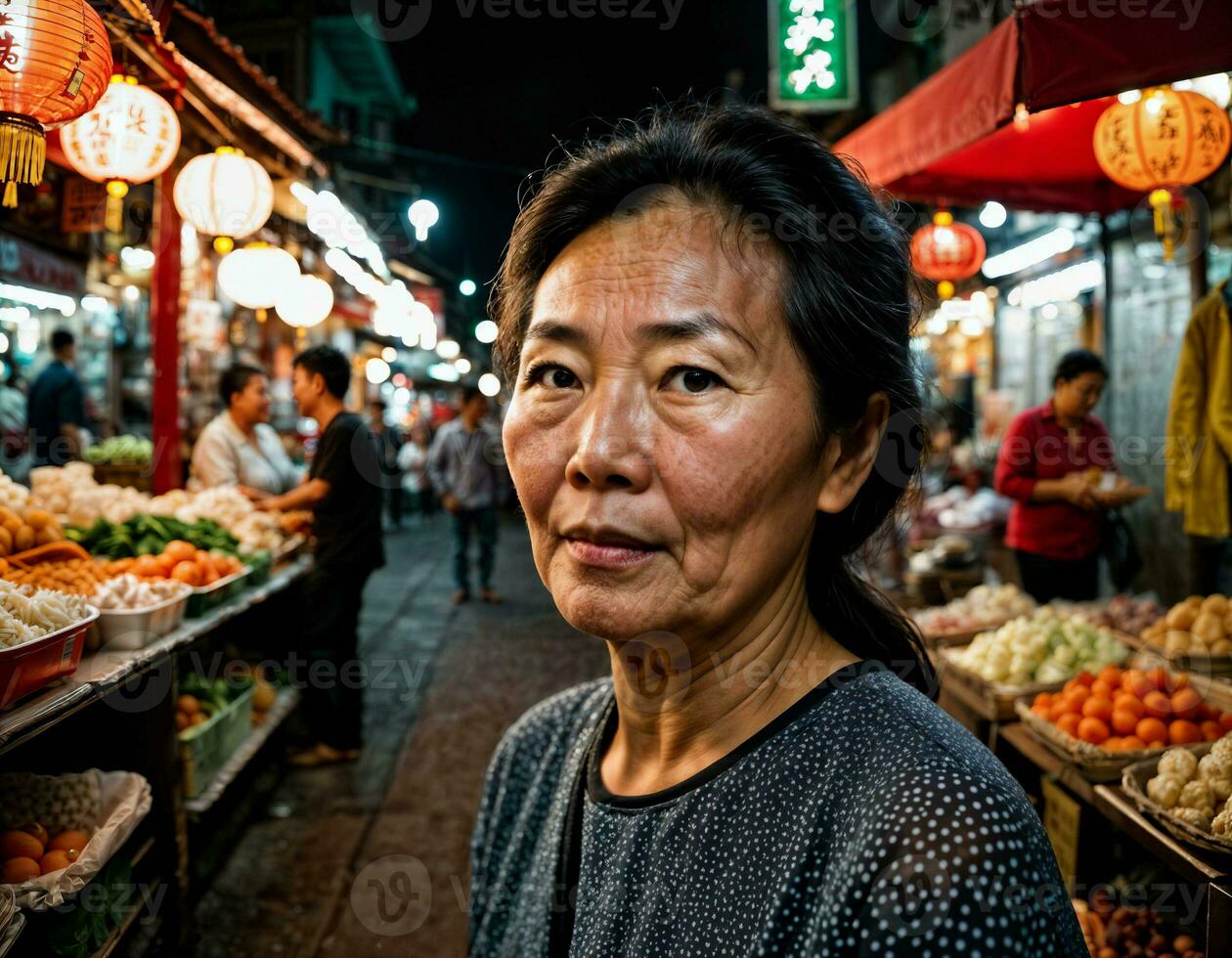 Foto av senior gammal säljare kvinna i Kina lokal- gata marknadsföra på natt, generativ ai