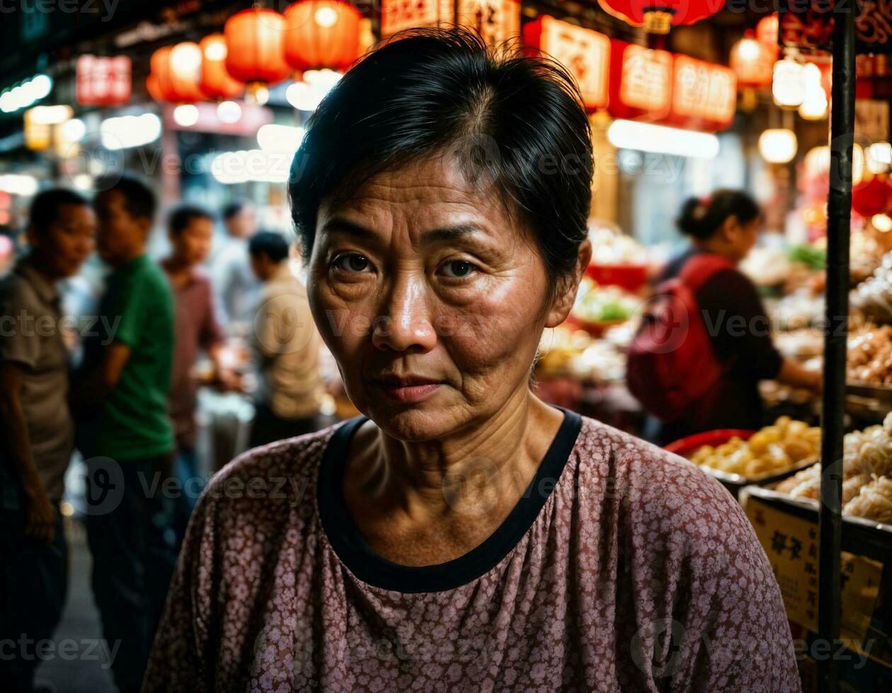 Foto av senior gammal säljare kvinna i Kina lokal- gata marknadsföra på natt, generativ ai