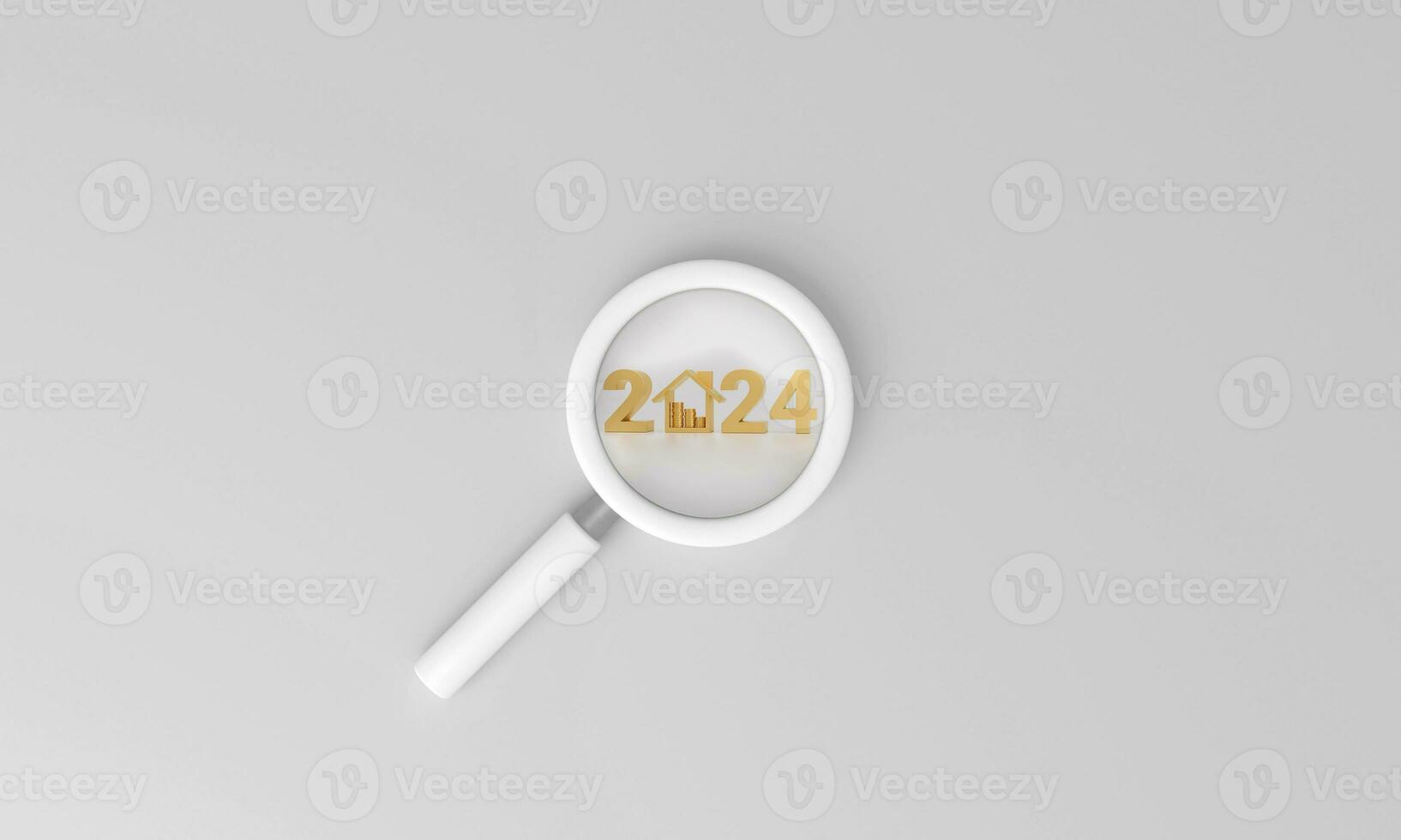 förstorande glas är ser på gyllene siffra 2024 och hus ikon med stack. foto