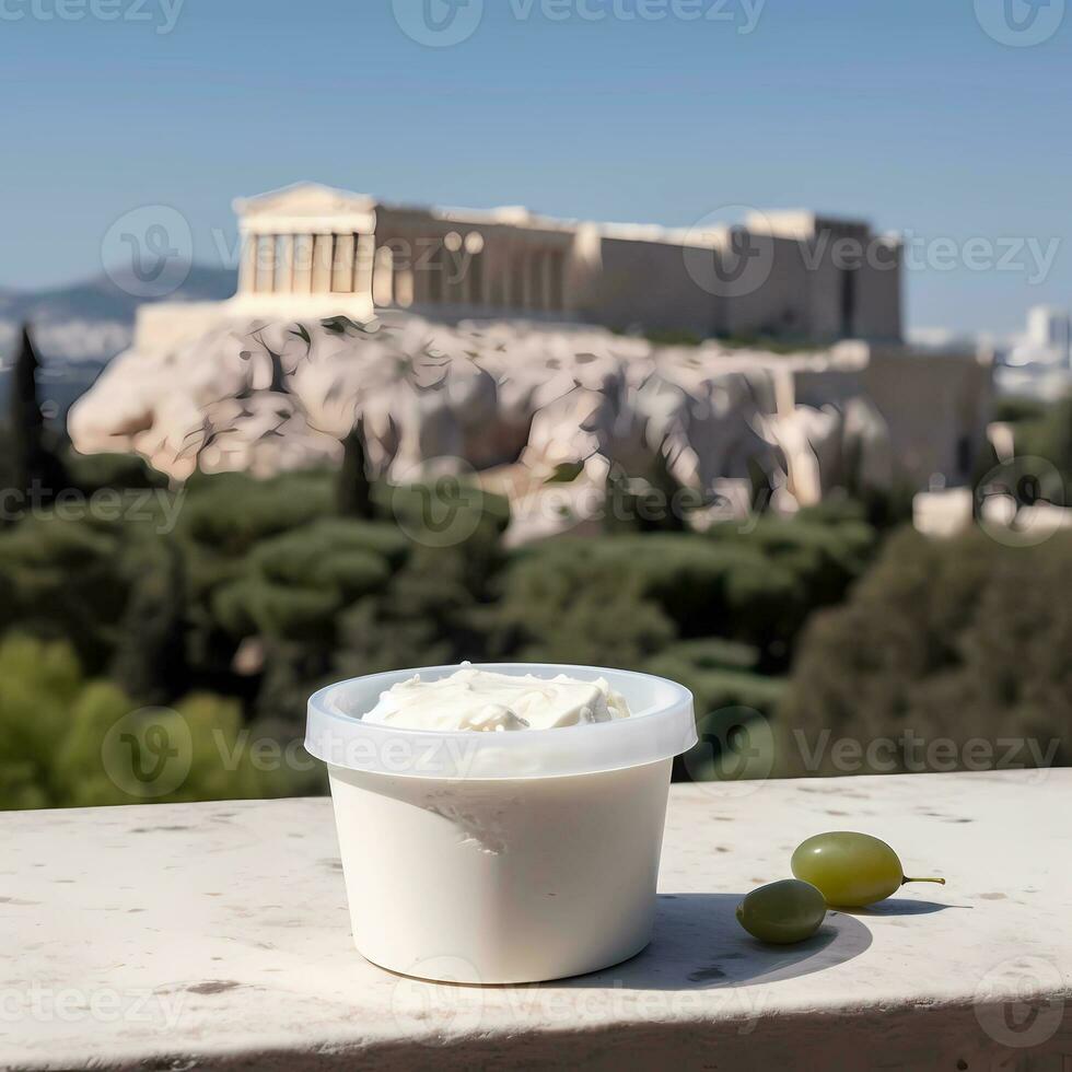 ai genererad grekisk yoghurt i en transparent burk på de bakgrund av grekisk ruiner foto