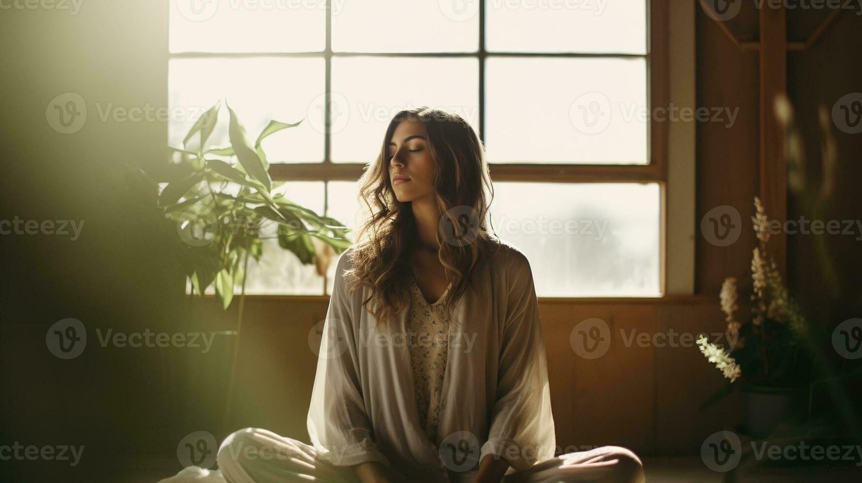 ai genererad generativ ai, kvinna håller på med meditation, estetisk dämpad beige färger foto
