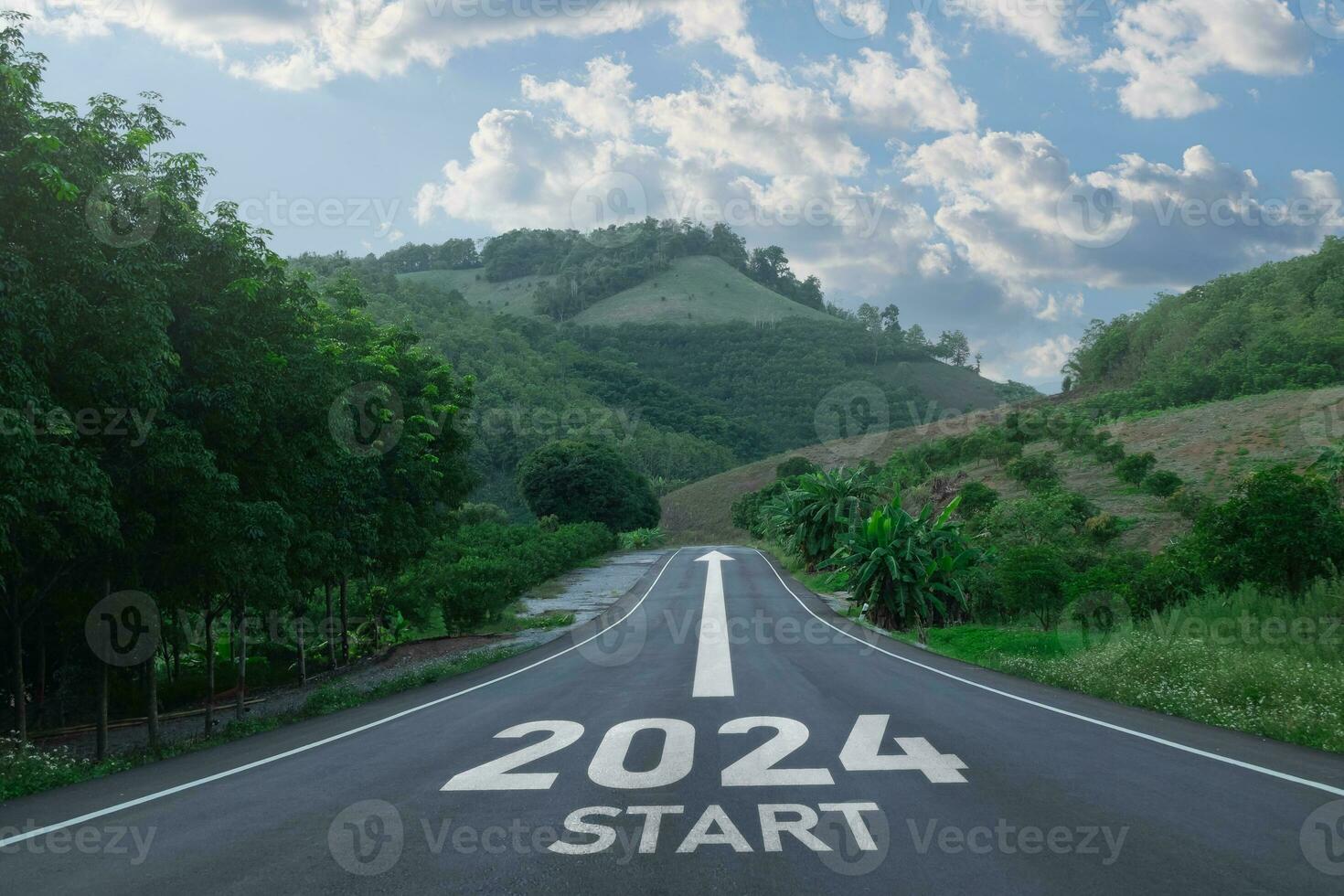 Lycklig ny år 2024,2024 symboliserar de Start av de ny år. de brev Start ny år 2024 på de väg i de natur rutt körbana ha träd miljö ekologi eller grönska tapet begrepp. foto