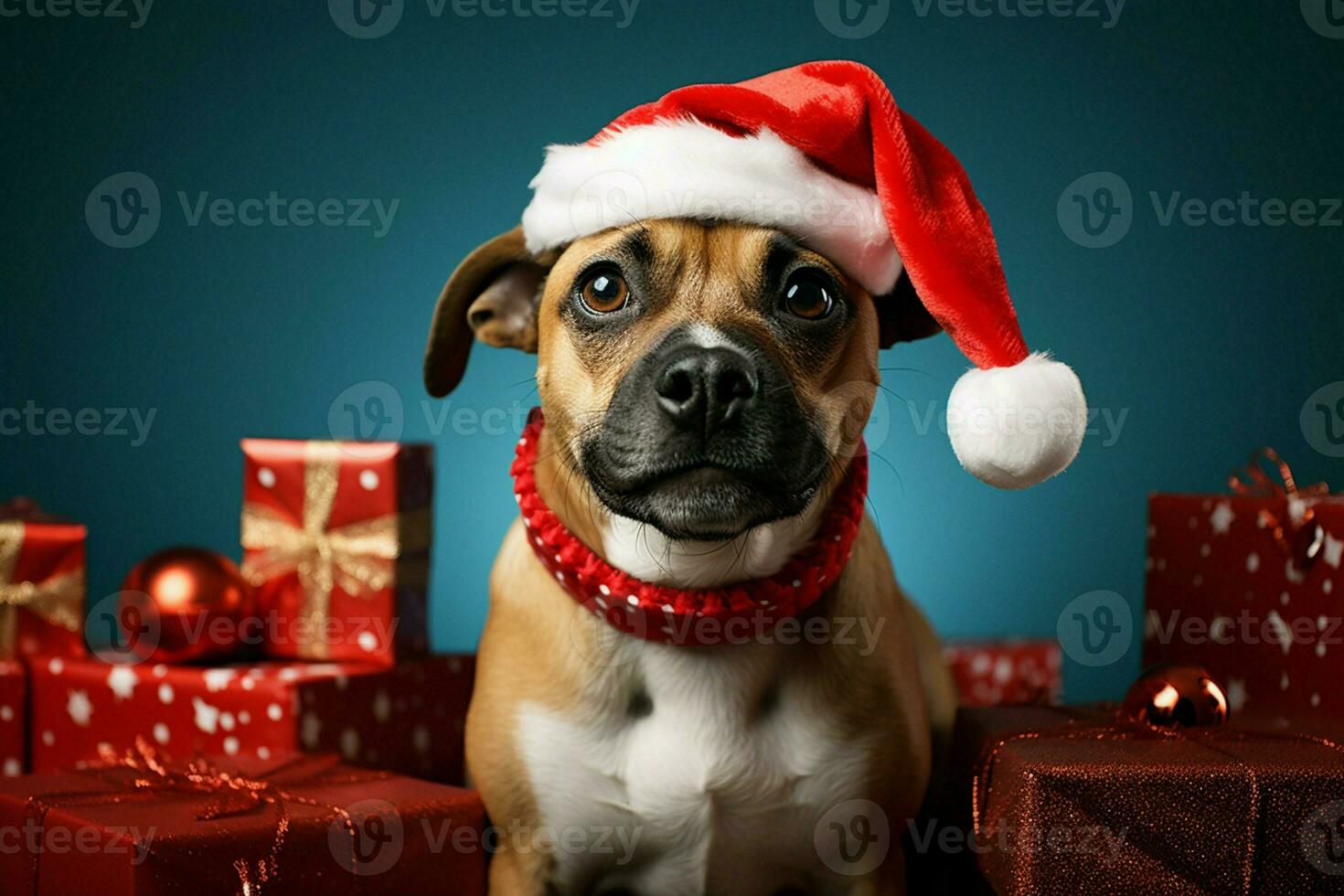 ai genererad jul fester med en intagande hund fira med festlig dekorationer och Semester glädje ai genererad foto