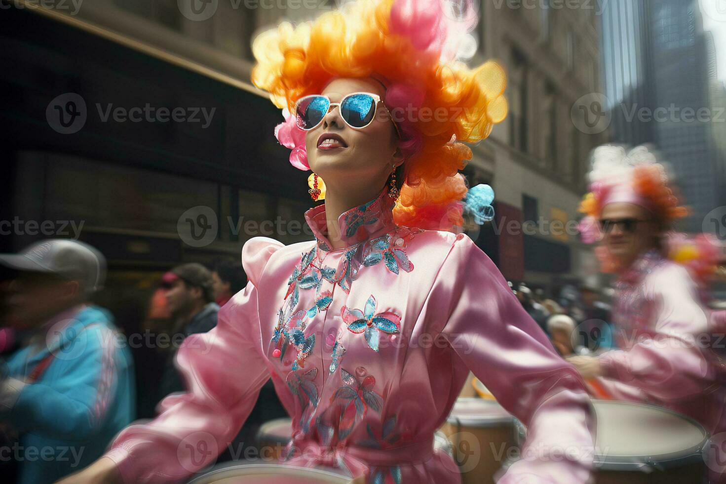 en deltagare i de påsk parad, bär en ljust färgad peruk och solglasögon, förkroppsligar de evenemang livlig anda, ai genererad foto