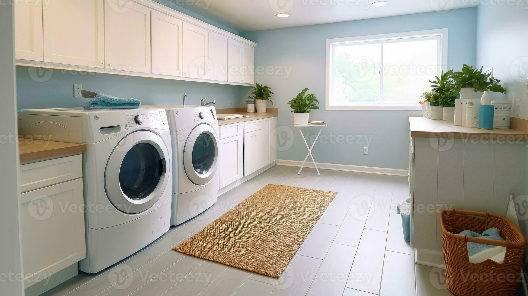 ai genererad interiör rena vit tvätt rum med främre ladda bricka och torktumlare enheter , lägenhet, Hem, ai generativ foto