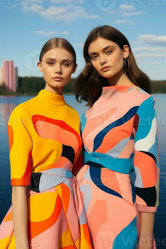 ai genererad i en fascinerande vibrerande Färg ensemble inspirerad förbi geometri, två ung svenska flickor poserade. ai generativ foto