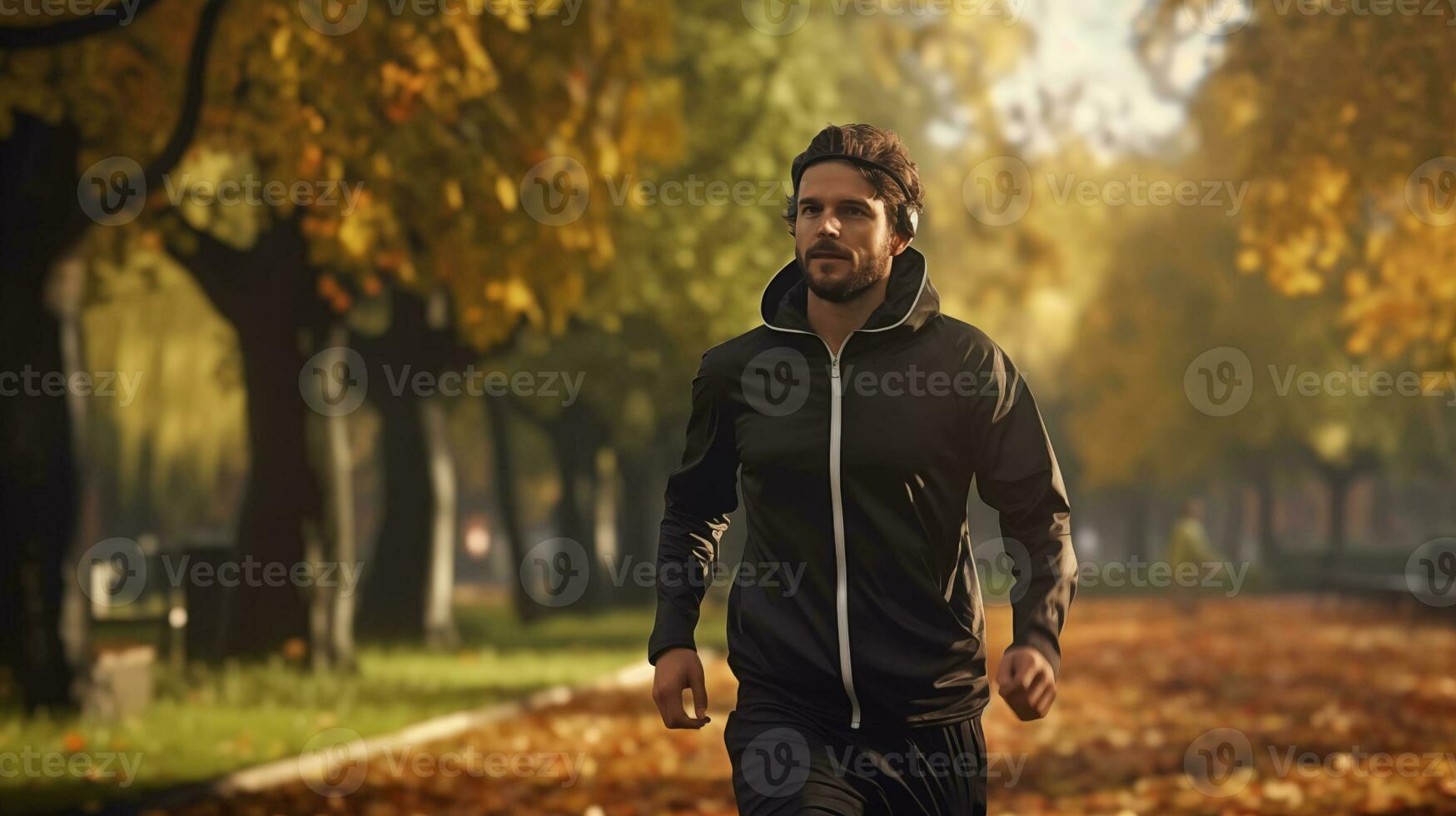 ai genererad en man joggning i de parkera i de falla foto