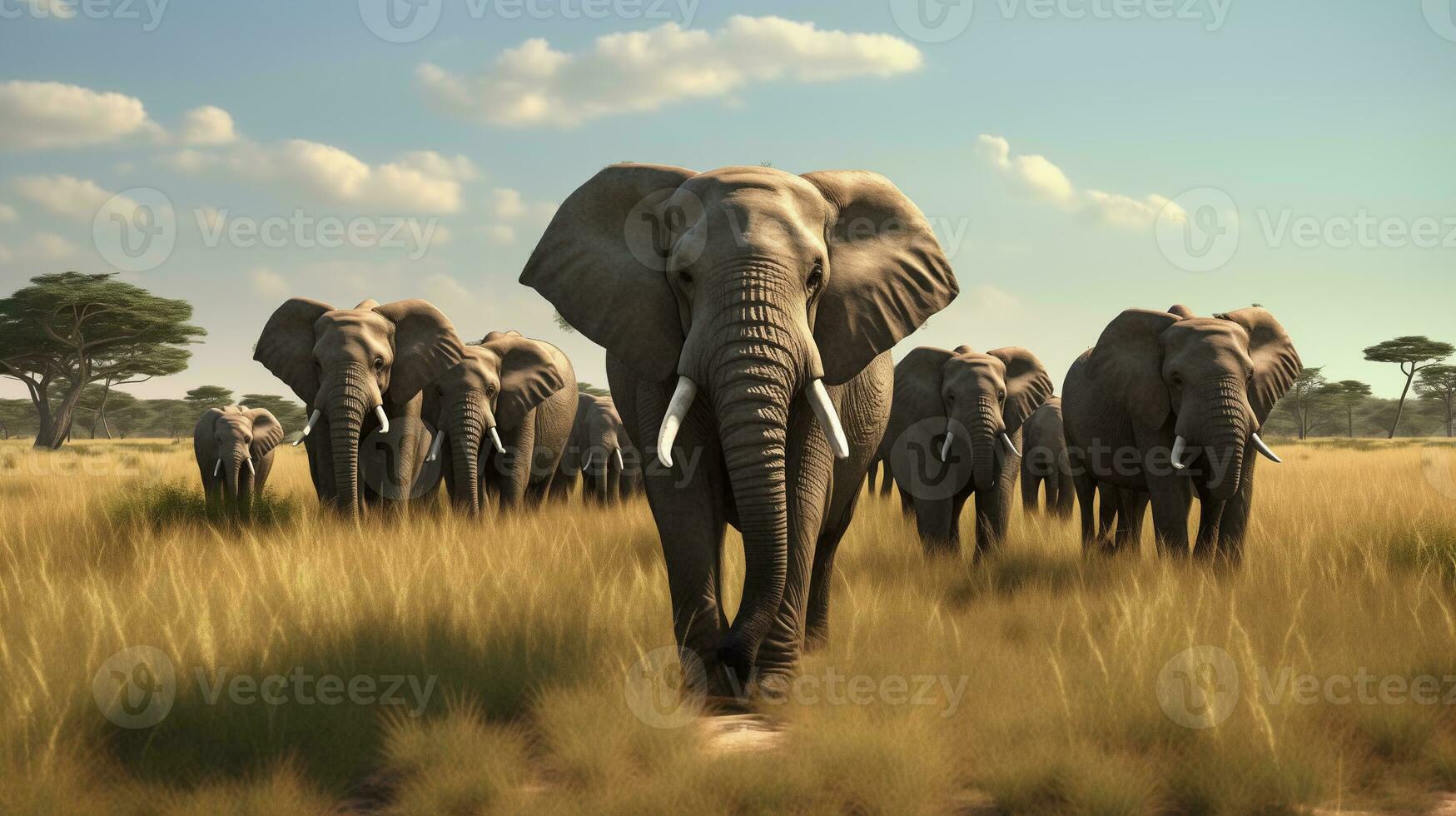 ai genererad en besättning av elefanter gående genom en fält foto