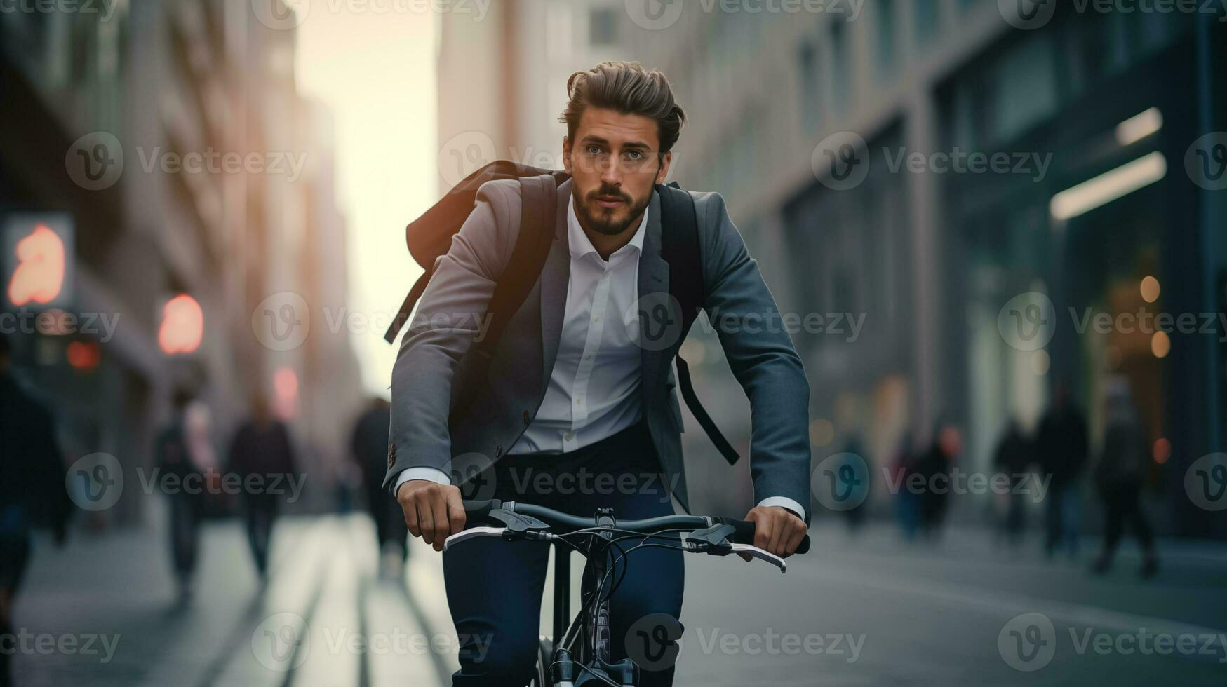 ai genererad en man i en kostym ridning en cykel ner en stad gata foto