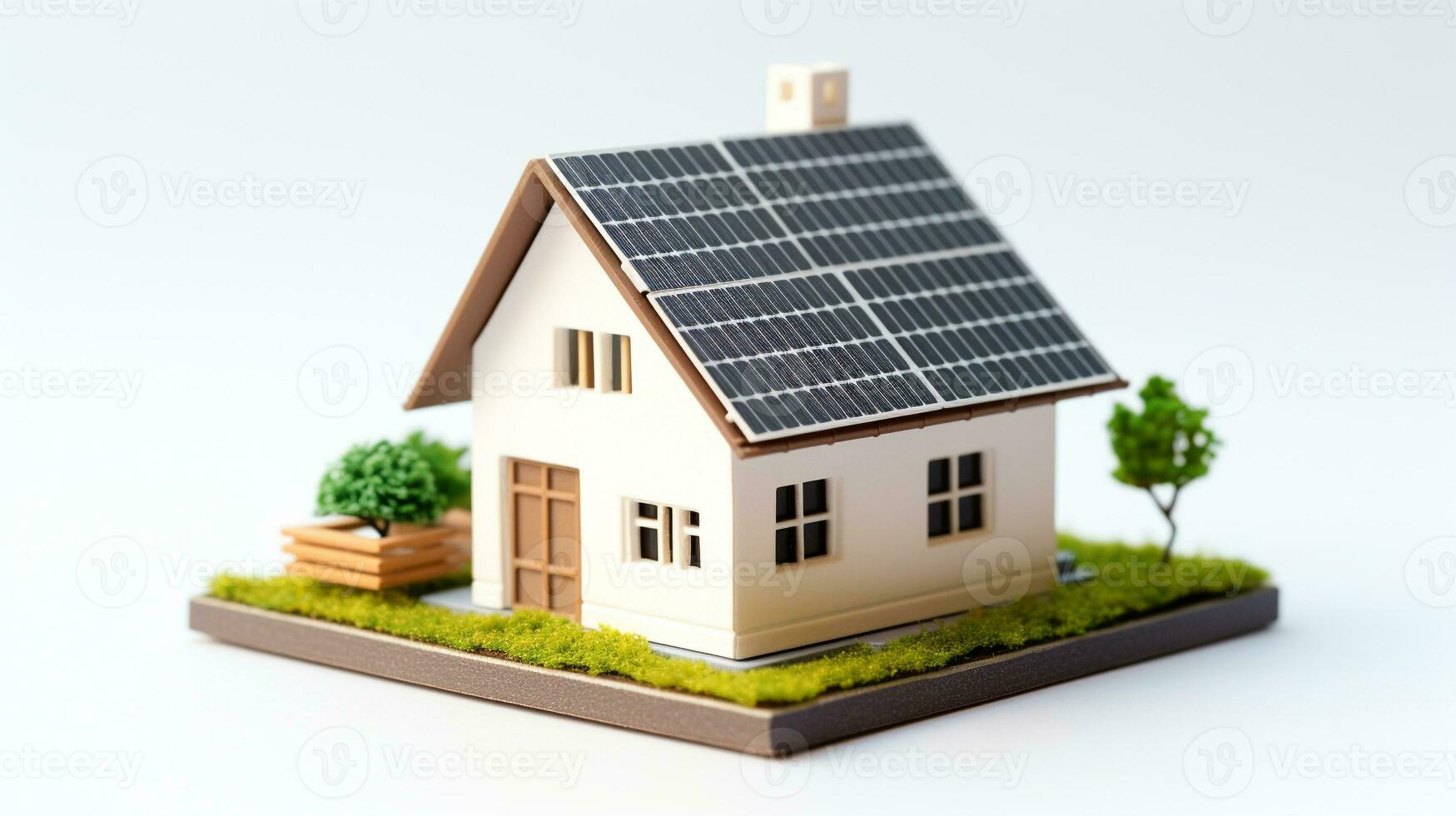 ai genererad miniatyr- hus modell med sol- panel på tak på vit bakgrund. smart Hem energi sparande begrepp foto