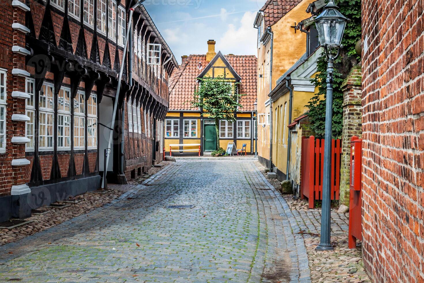 gata med gammal hus från kunglig stad ribe i Danmark foto
