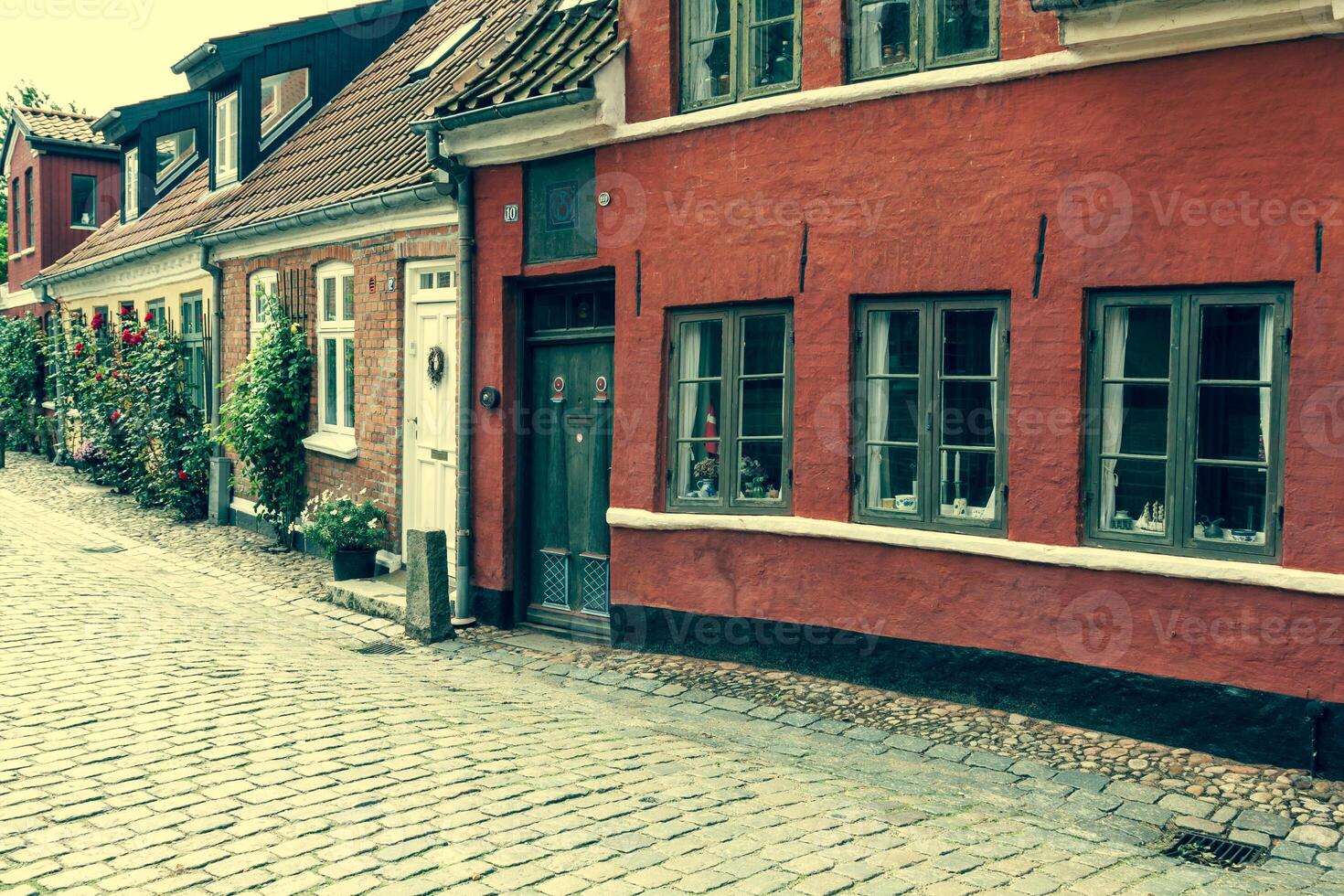 gata med gammal hus från kunglig stad ribe i Danmark foto