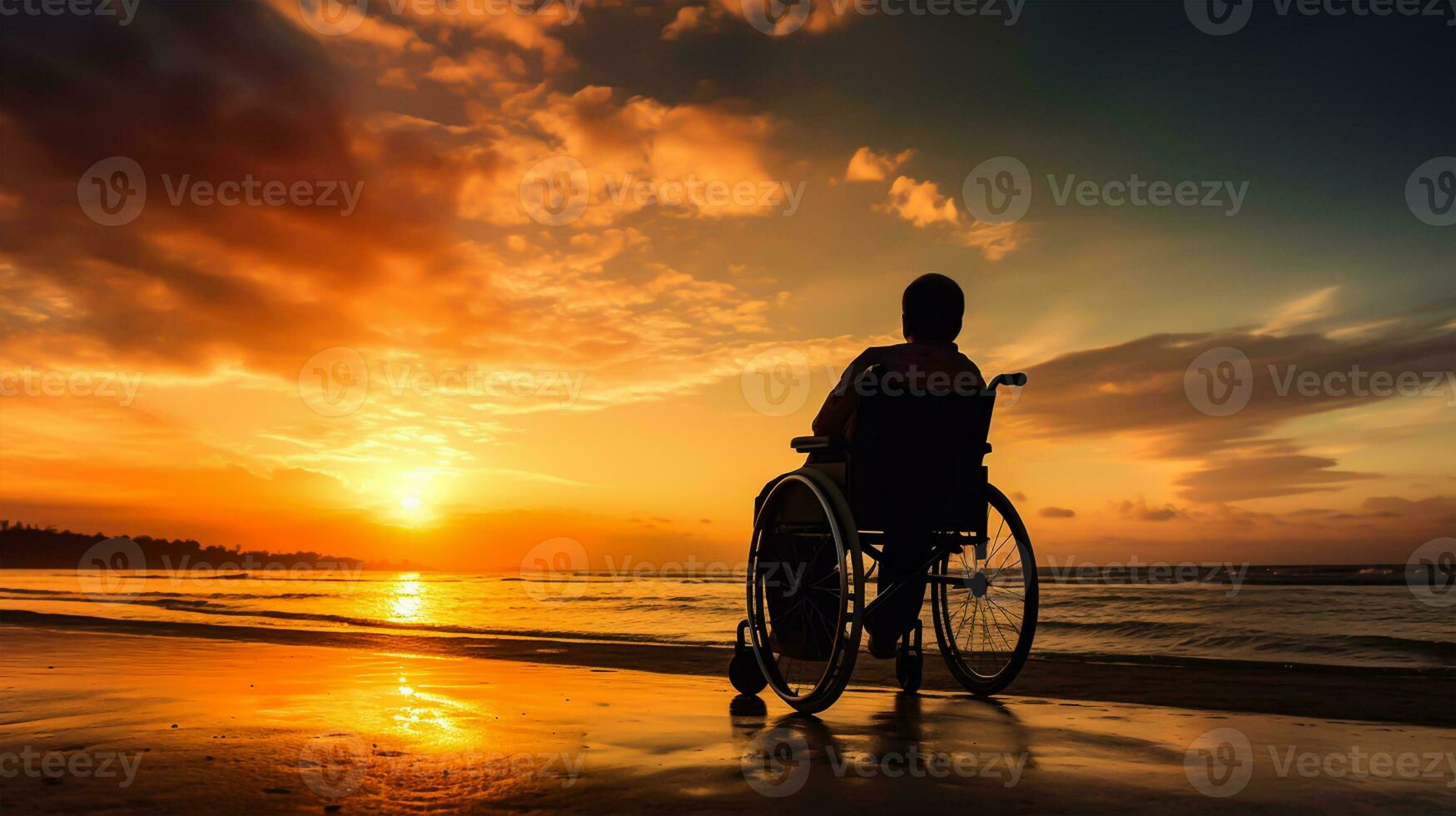 silhuett av Inaktiverad man på rullstol på de strand under solnedgång, disable dag foto
