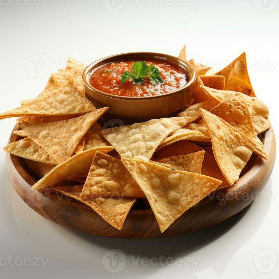 nachos med salsa dopp på vit bakgrund. mexikansk mat. foto