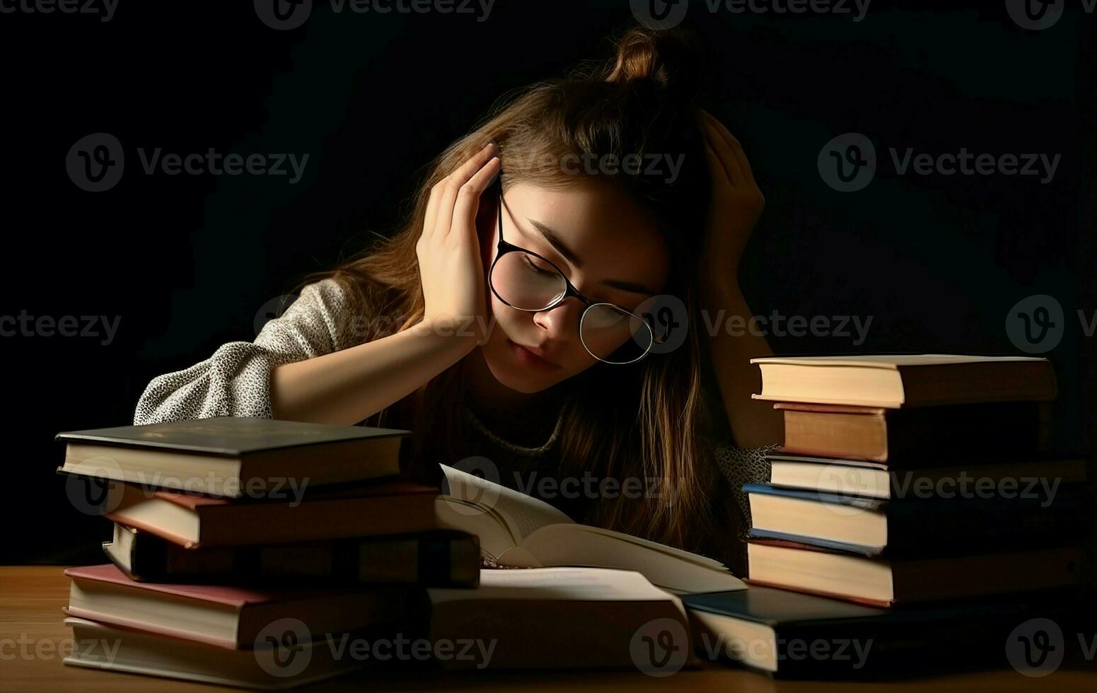 ung kvinna studerande många böcker känna Trötthet arbete. generera ai foto