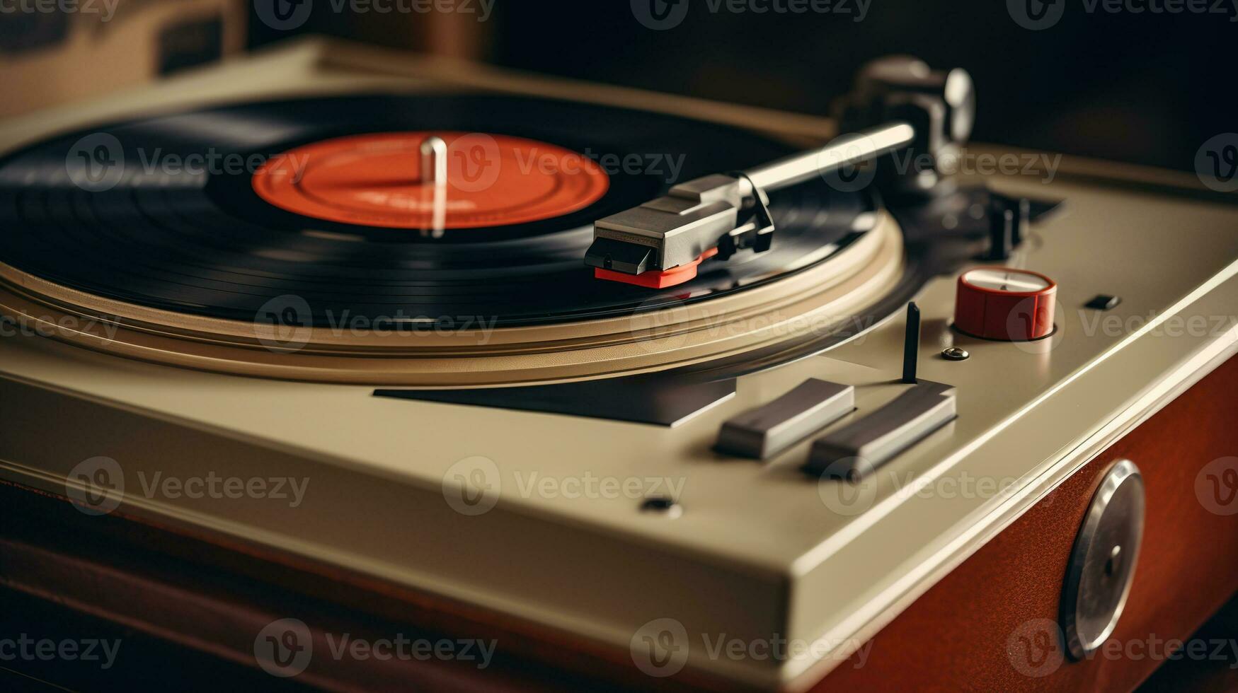 ai genererad generativ ai, nostalgisk retro vinyl brännare, årgång skivspelare spelare, dämpad färger, estetisk foto