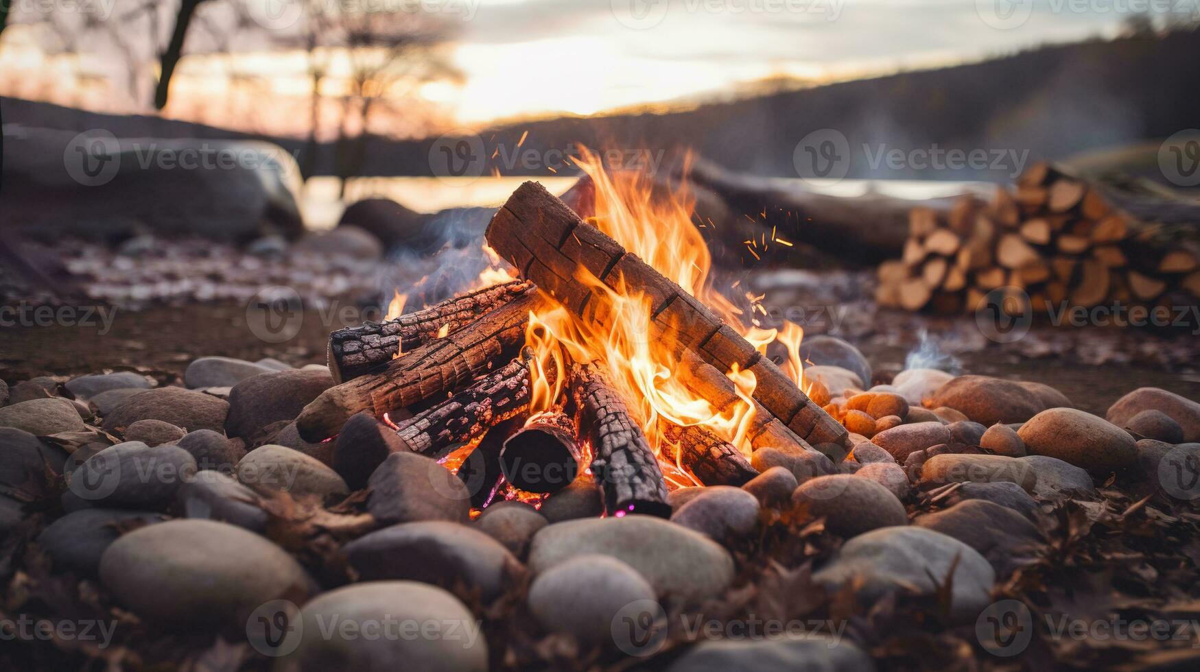 ai genererad generativ ai, brinnande bål, skön vinter- landskap, camping utomhus- begrepp i neutral dämpad färger, turist läger foto